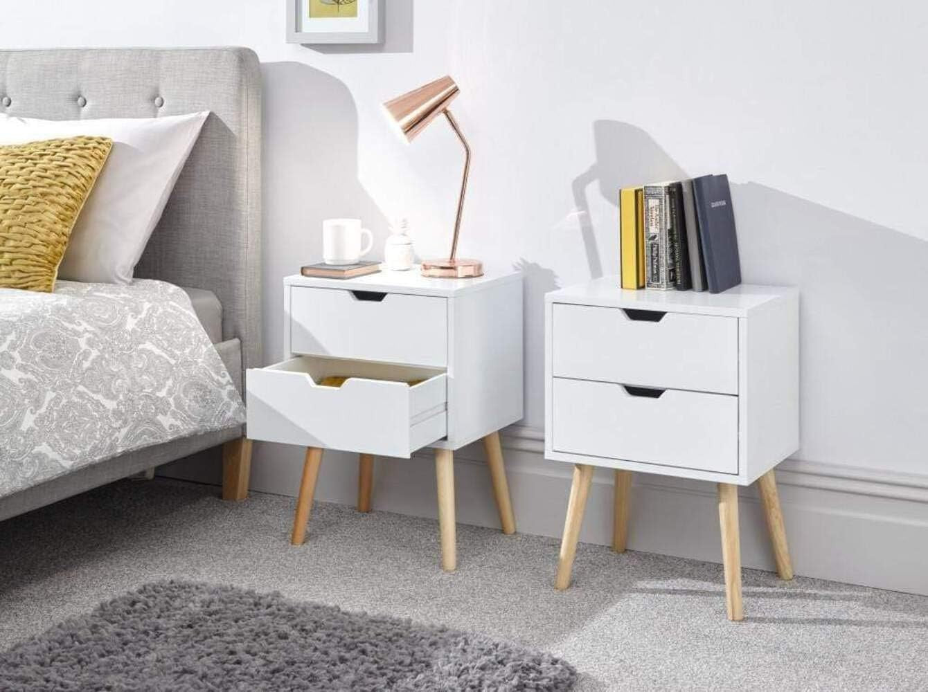 Set of 2 White Bedside Tables with 2 Drawers & Wooden Legs