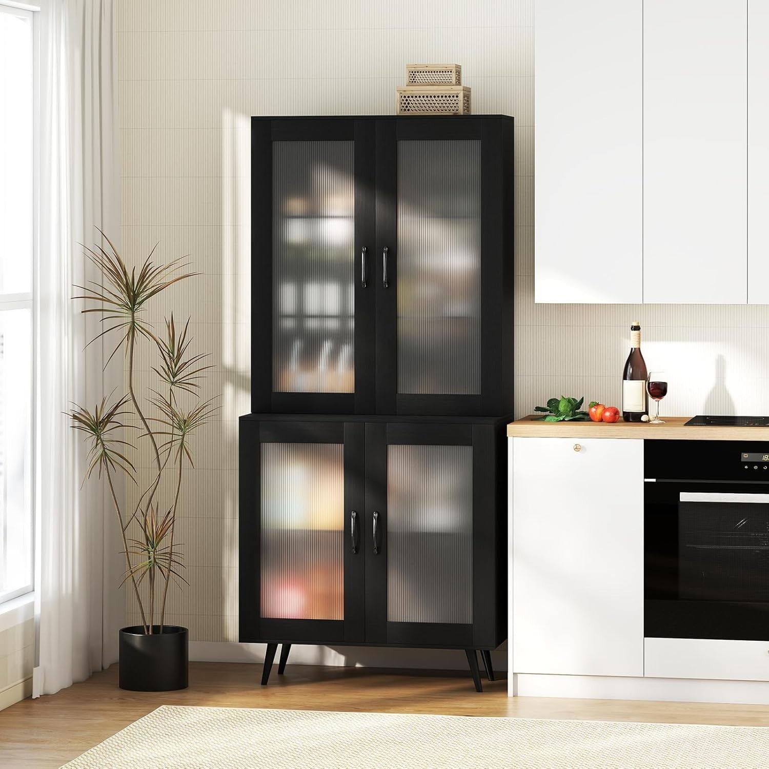 5-Tier Kitchen Cupboard Black with 4 Doors Adjustable Shelf Storage