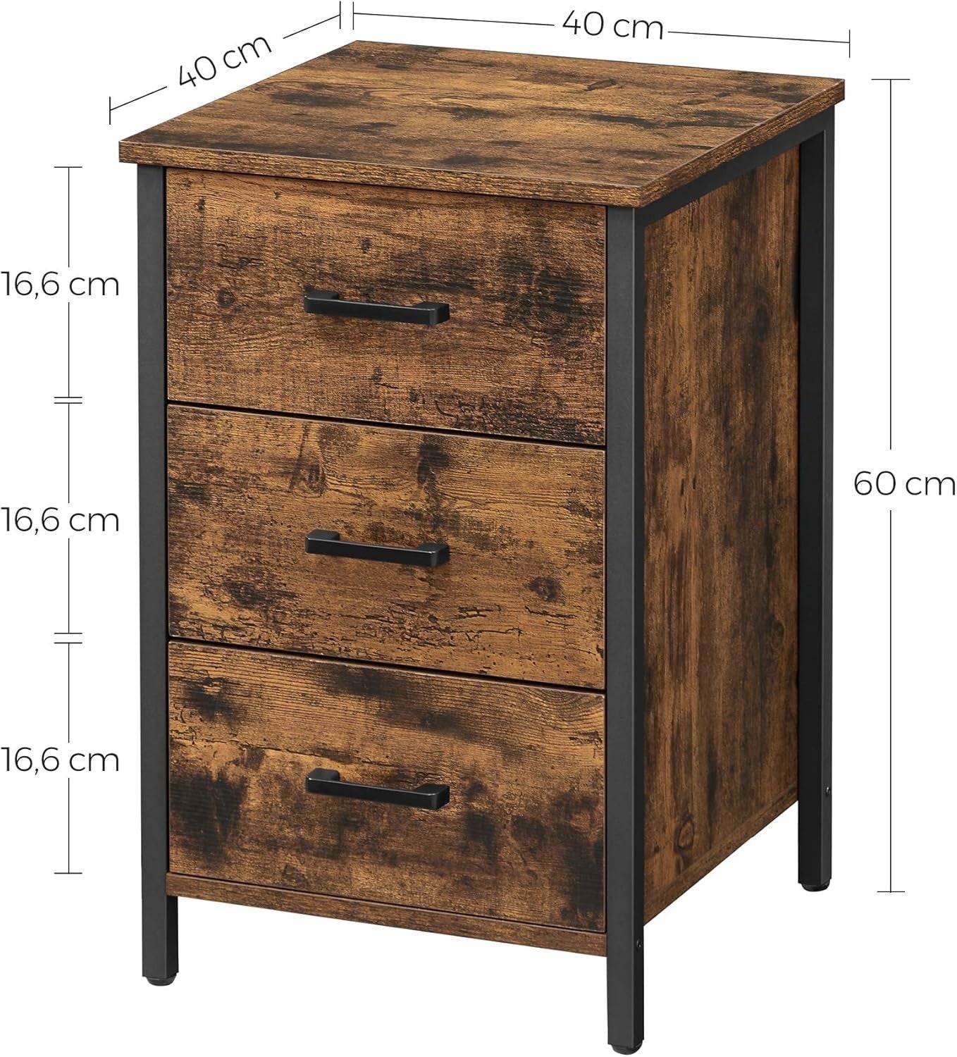 Rustic Industrial Bedside Table with 3 Drawers – Brown & Black Wood Nightstand
