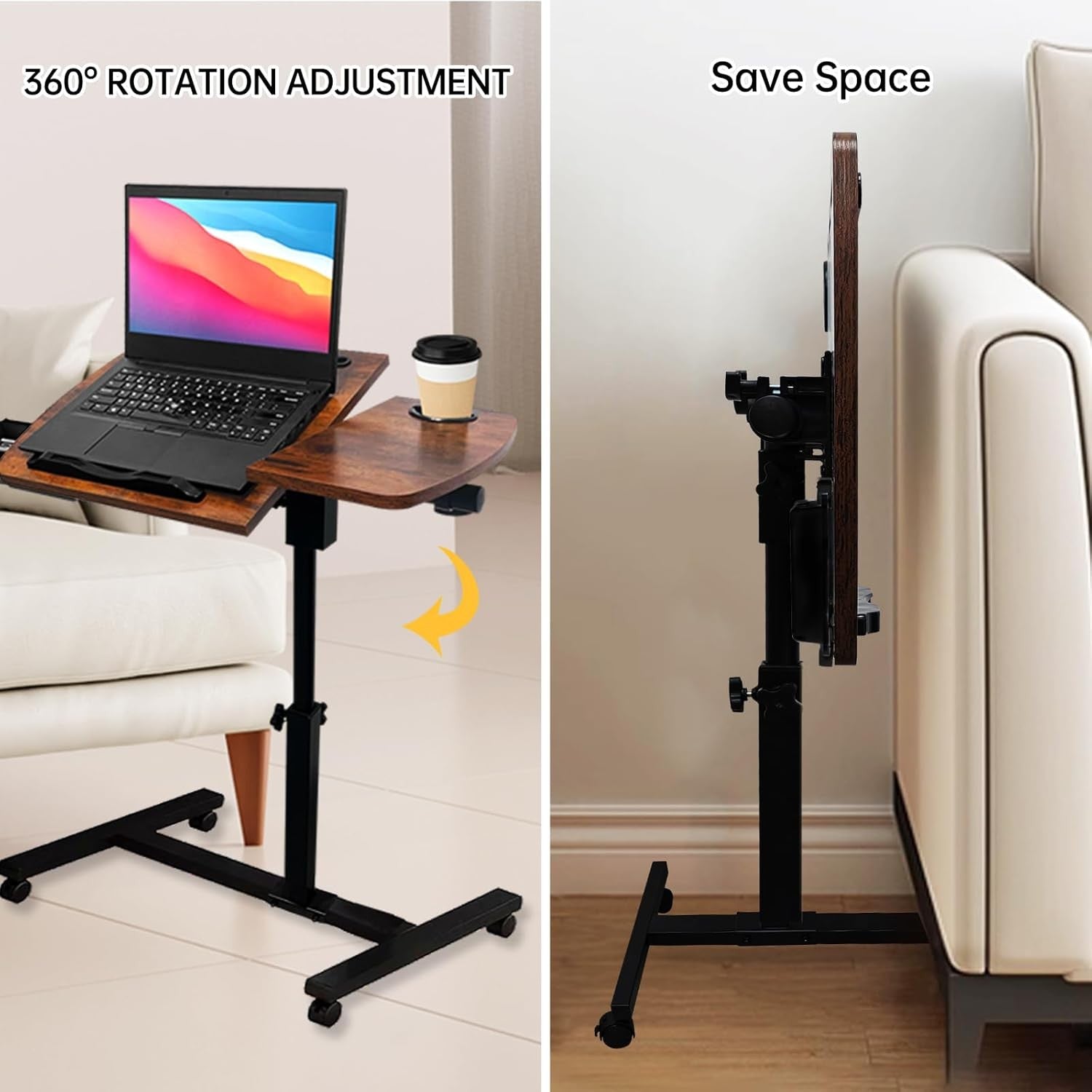 Overbed Table Laptop Desk Adjustable Height Rolling Bedside Stand with Tilt Top