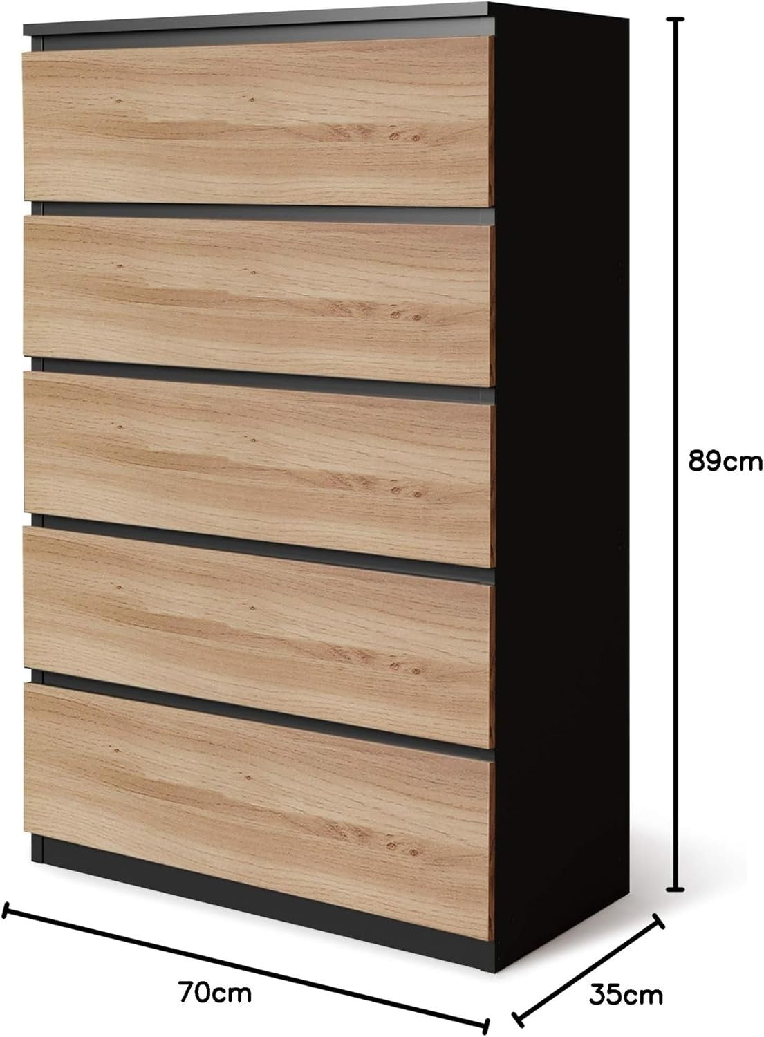 Modern 5-Drawer Wooden Chest Cabinet No Handles | Oak Finish Storage Unit