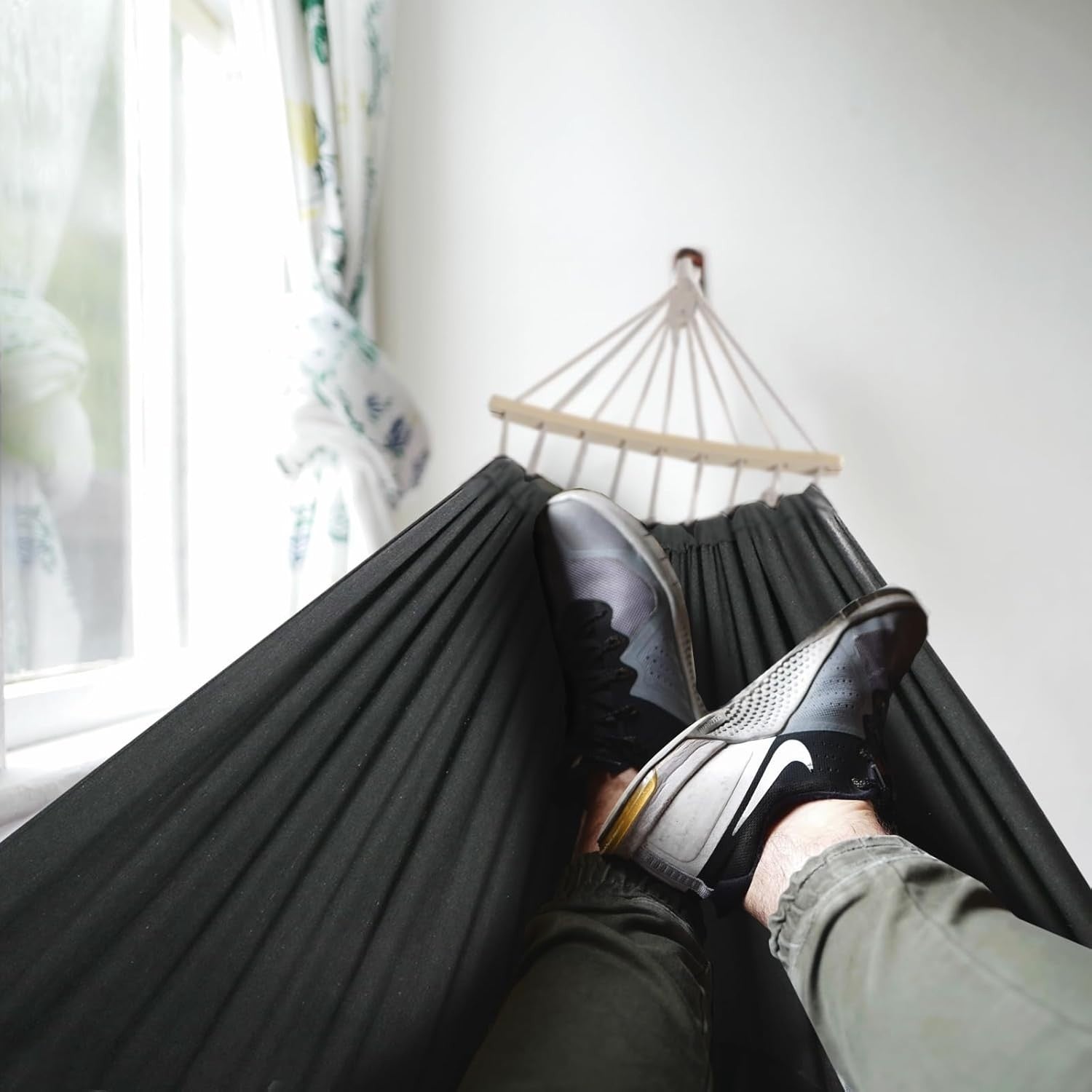 Outdoor Cotton Hammock with Spreader Bars & Tree Straps – Portable - Black