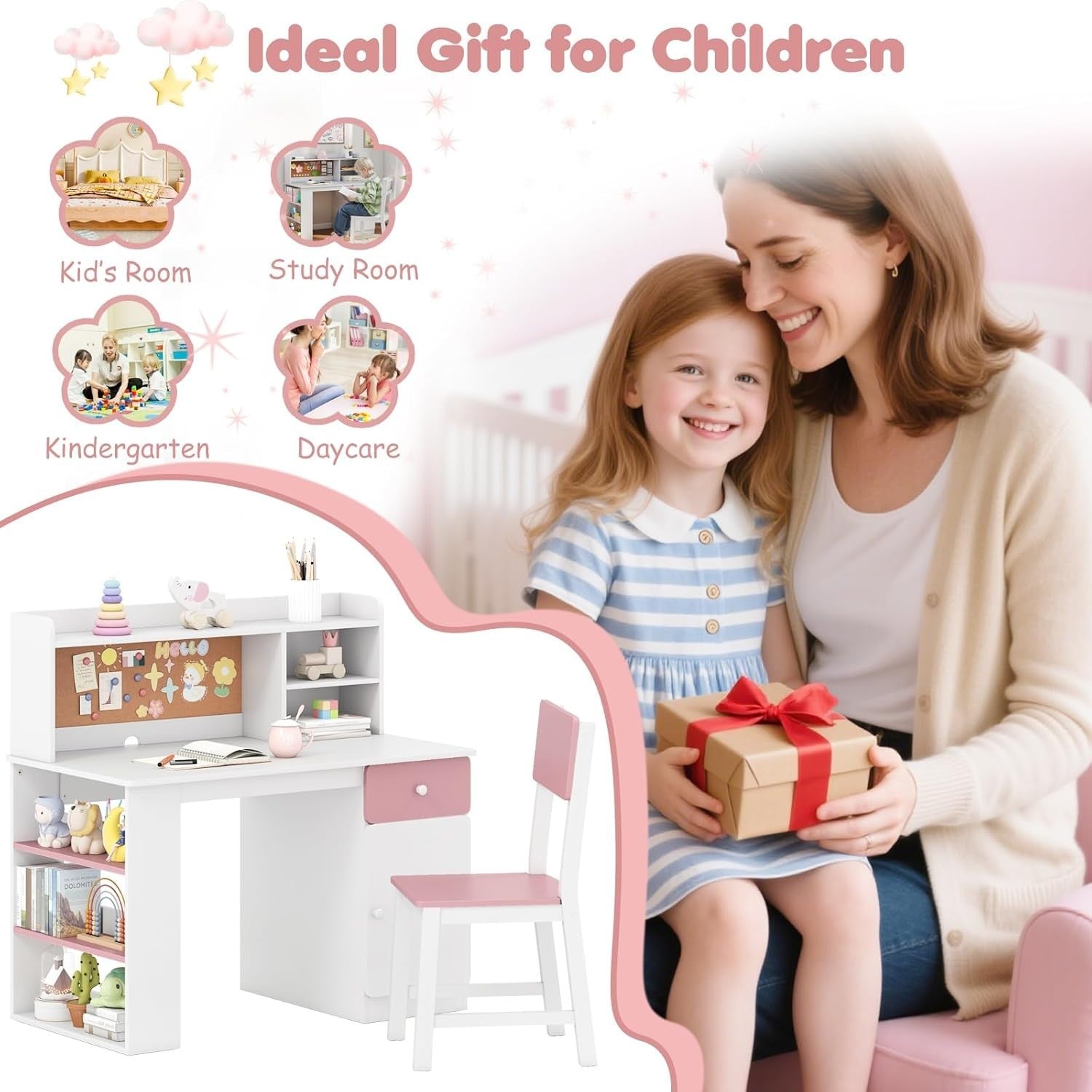 Kids Study Desk and Chair Set Wooden Writing Table Storage Shelves Drawer Pink