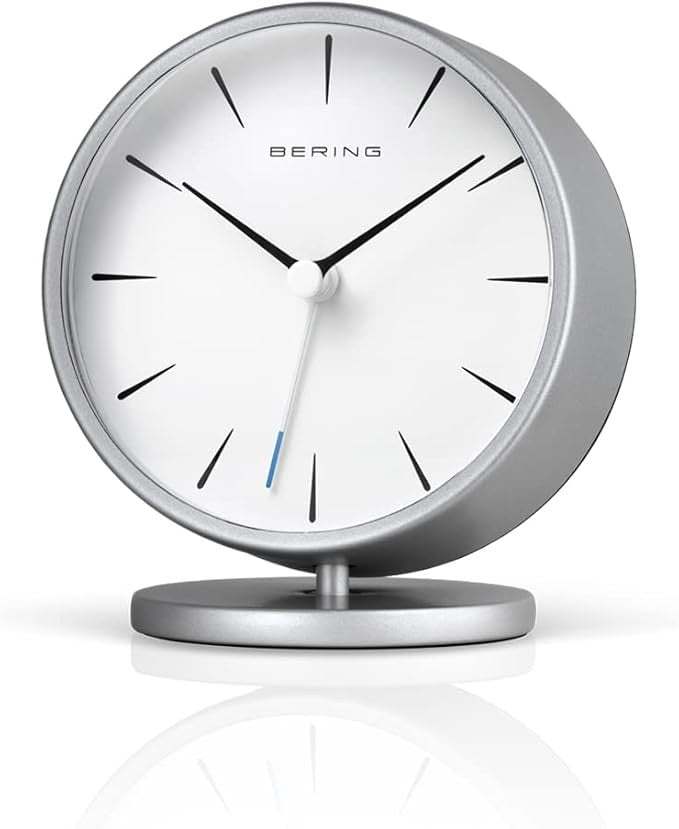 Silver Minimalist Analogue Alarm Clock Silent Quartz Modern Table
