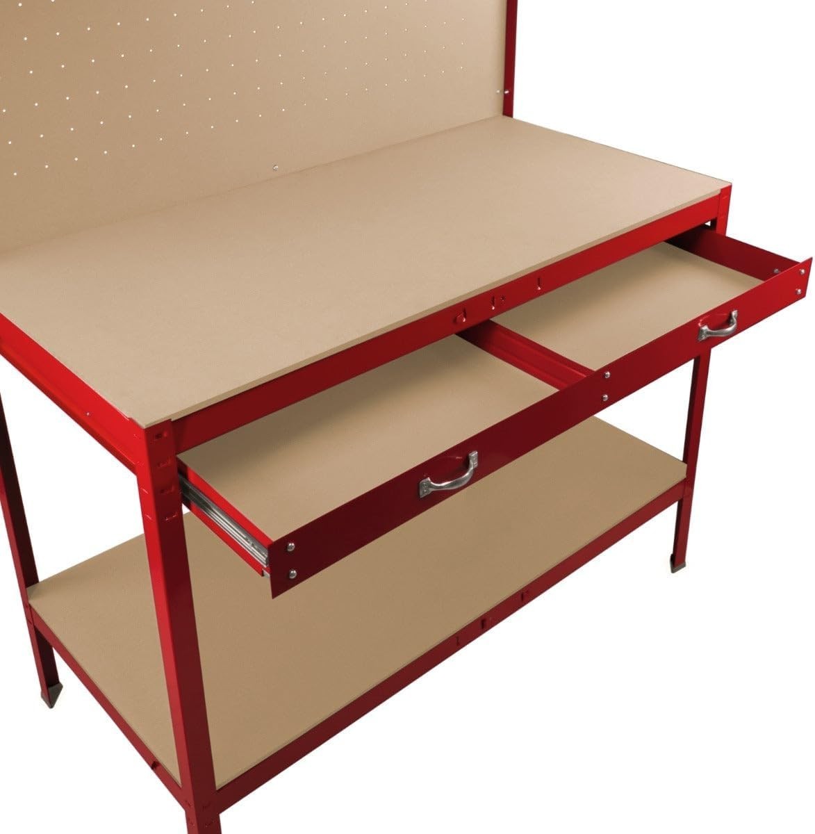 Red Garage Workbench Steel Pegboard Drawer LED Light 370kg Tool Station