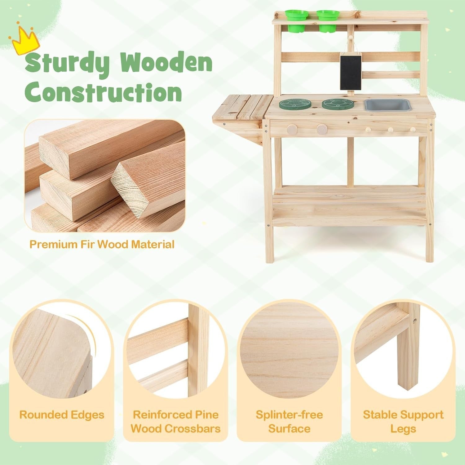 Outdoor Mud Kitchen for Kids Wooden Playset w/ Sink Chalkboard