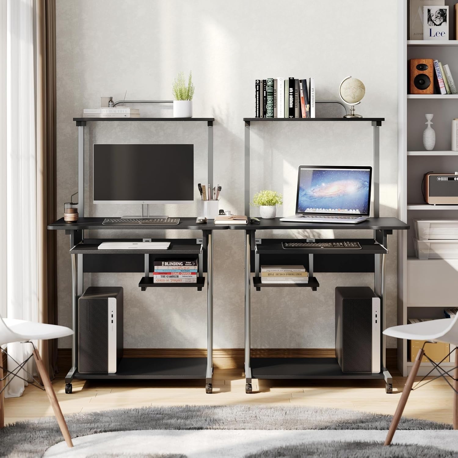 3 Tier Computer Desk with Printer Shelf Keyboard Tray Rolling Home Office