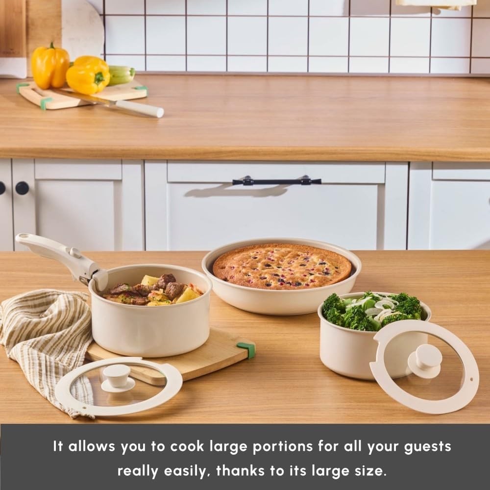 6Pcs Cream Ceramic Non Stick Cookware Set with Detachable Handle with Lids