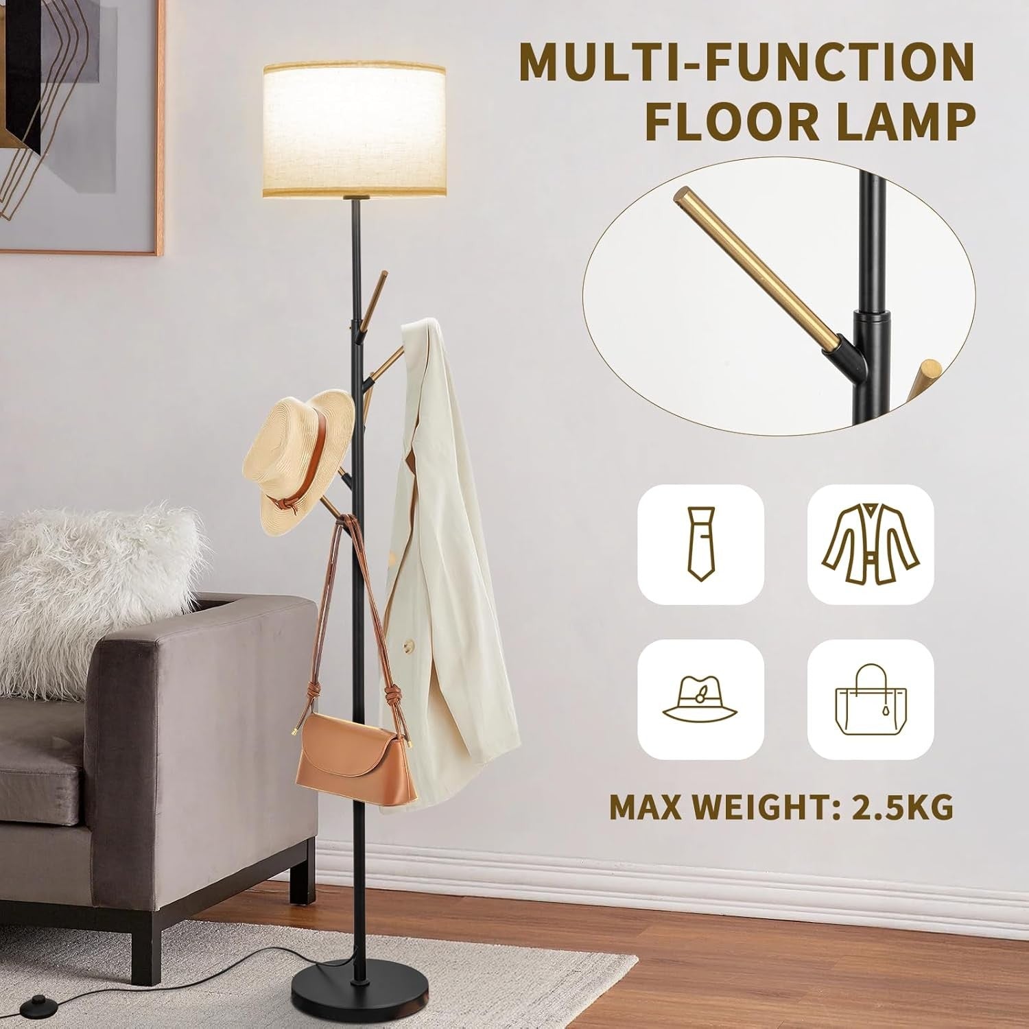 Floor Lamp with Coat Rack Remote App Dimmable Tall Standing Light