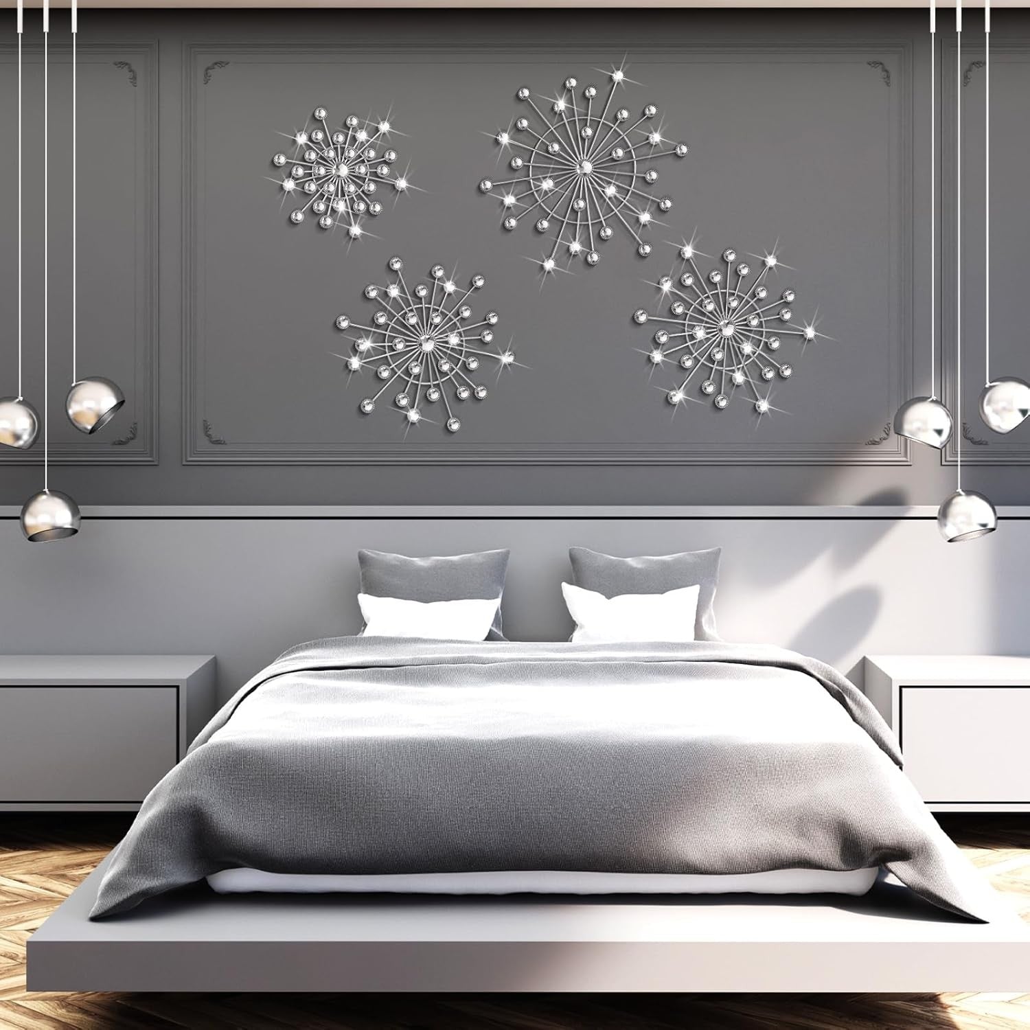 Silver Metal Wall Art Starburst Set Modern 4 Piece Living Room Decor