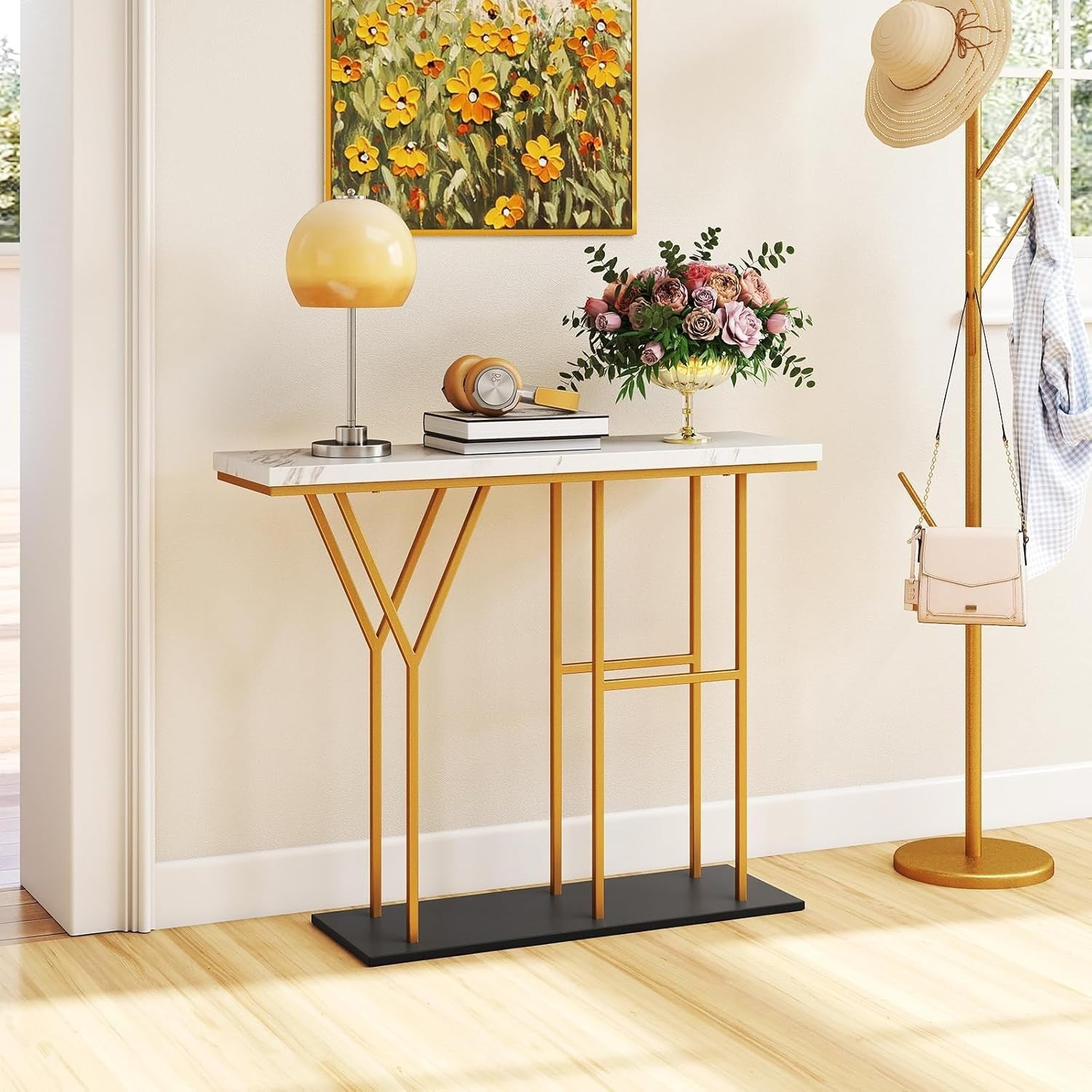 Slim Console Table Faux Marble Hallway Desk | Gold Frame, 2 Tier Storage