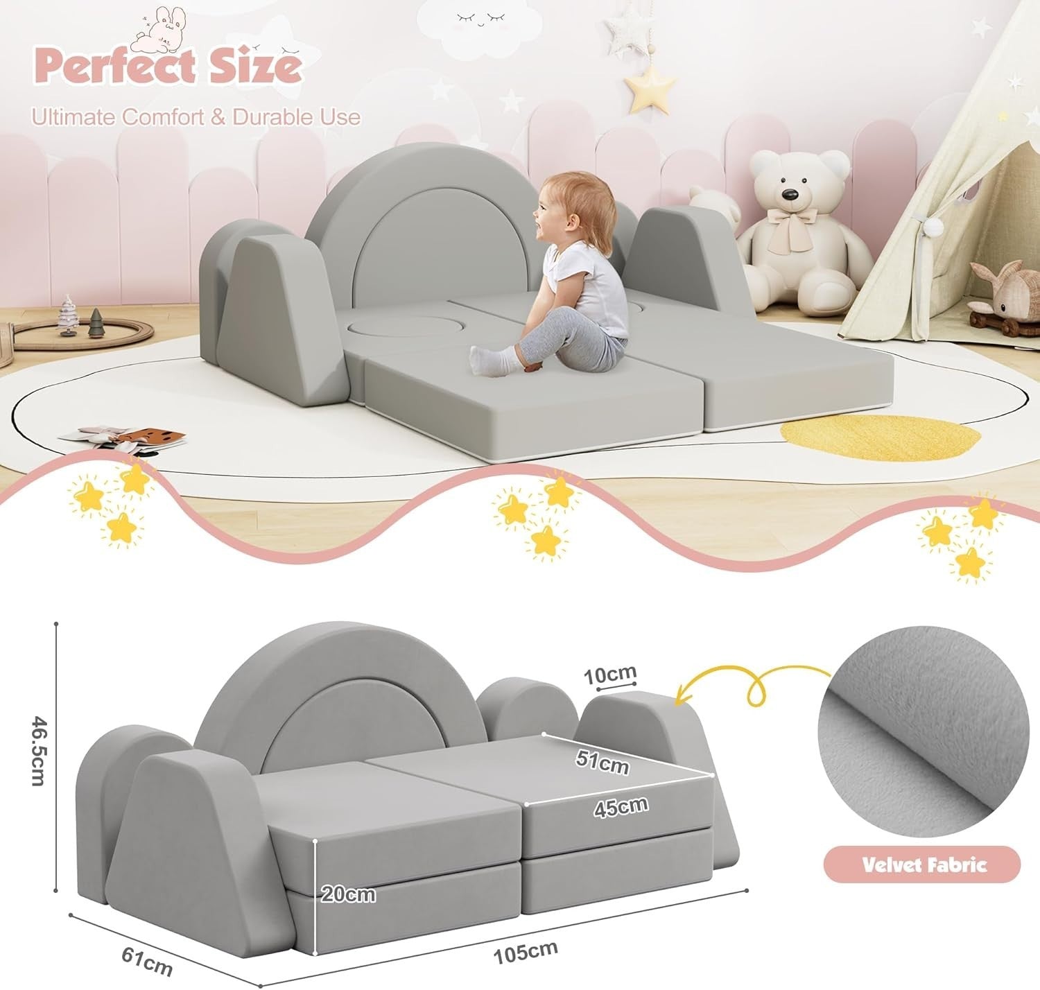 Modular Kids Play Couch & Sofa Bed, Soft Foam Fort for Creative Play