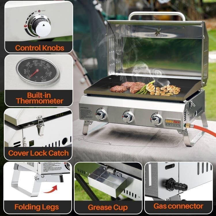 Portable 3 Burner Gas BBQ Plancha Grill with Lid & Thermometer