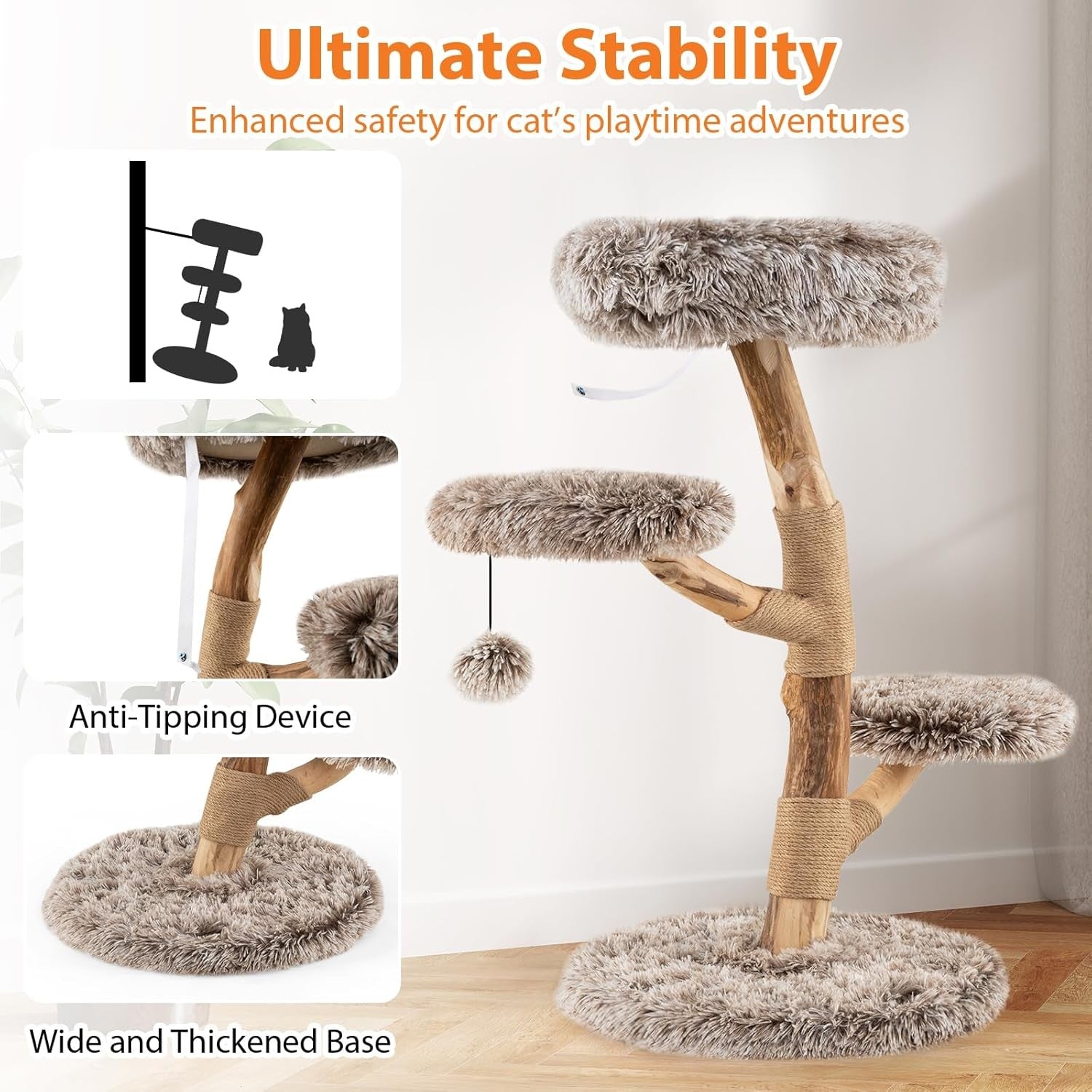 92cm Wooden Cat Tree Multi Level Tower with Plush Perch & Jute Scratching