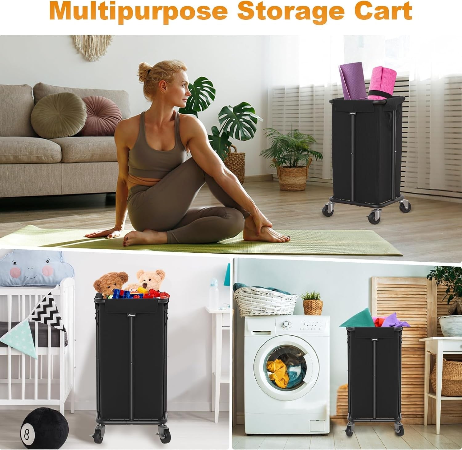 115L Rolling Laundry Hamper with Wheels Black Steel Frame Removable Washable Bag