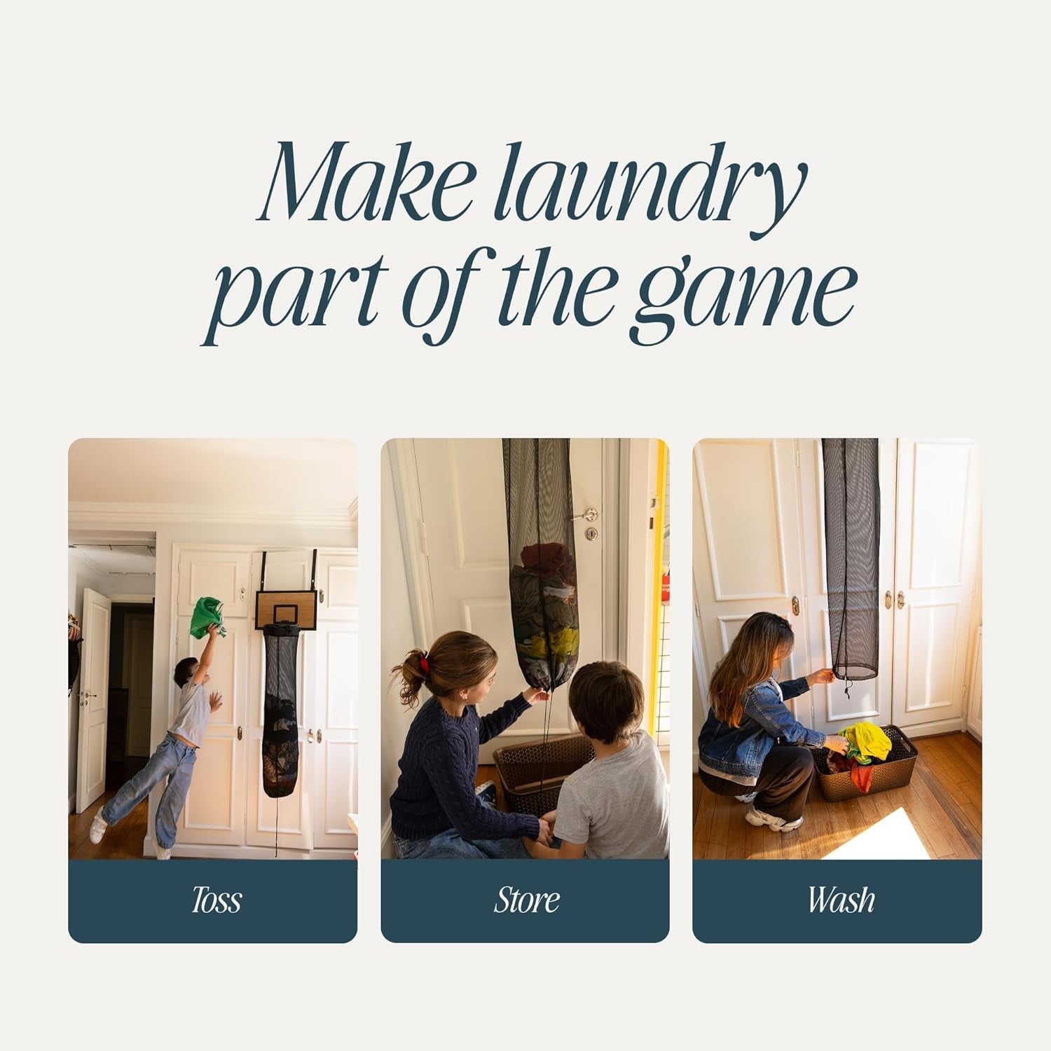 White Oak Basketball Laundry Hamper Over-Door Hoop Large Foldable Clothes Basket