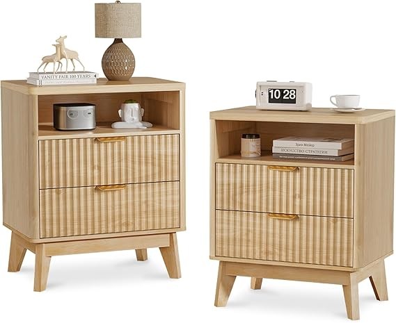Modern Wood Bedside Tables Set of 2 with Open Shelf & 2 Drawers Bedroom Storage