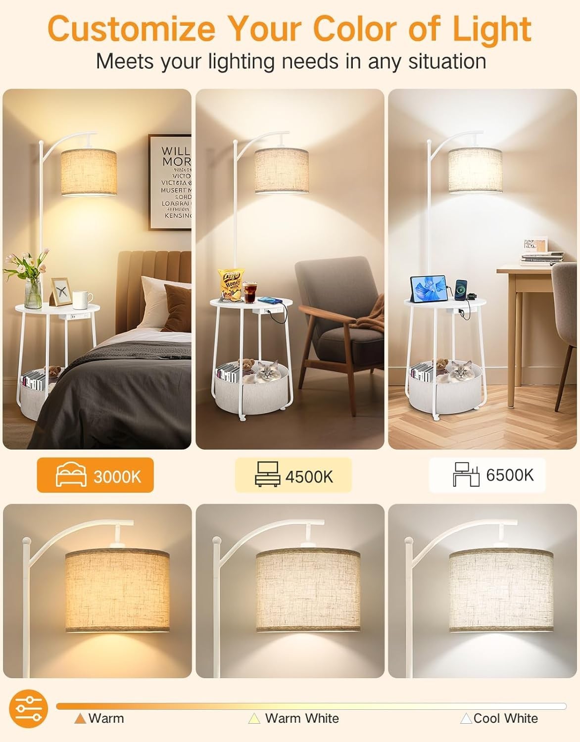 Multifunctional Floor Lamp with Table, USB Ports & Adjustable Light