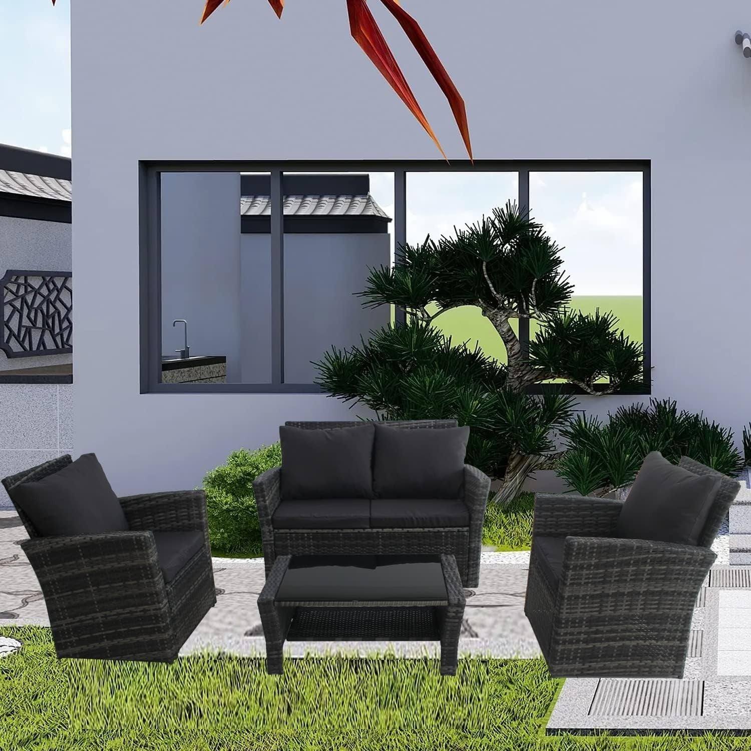 Outdoor 4 Seater Rattan Sofa Set Garden Patio Furniture Cushions Table