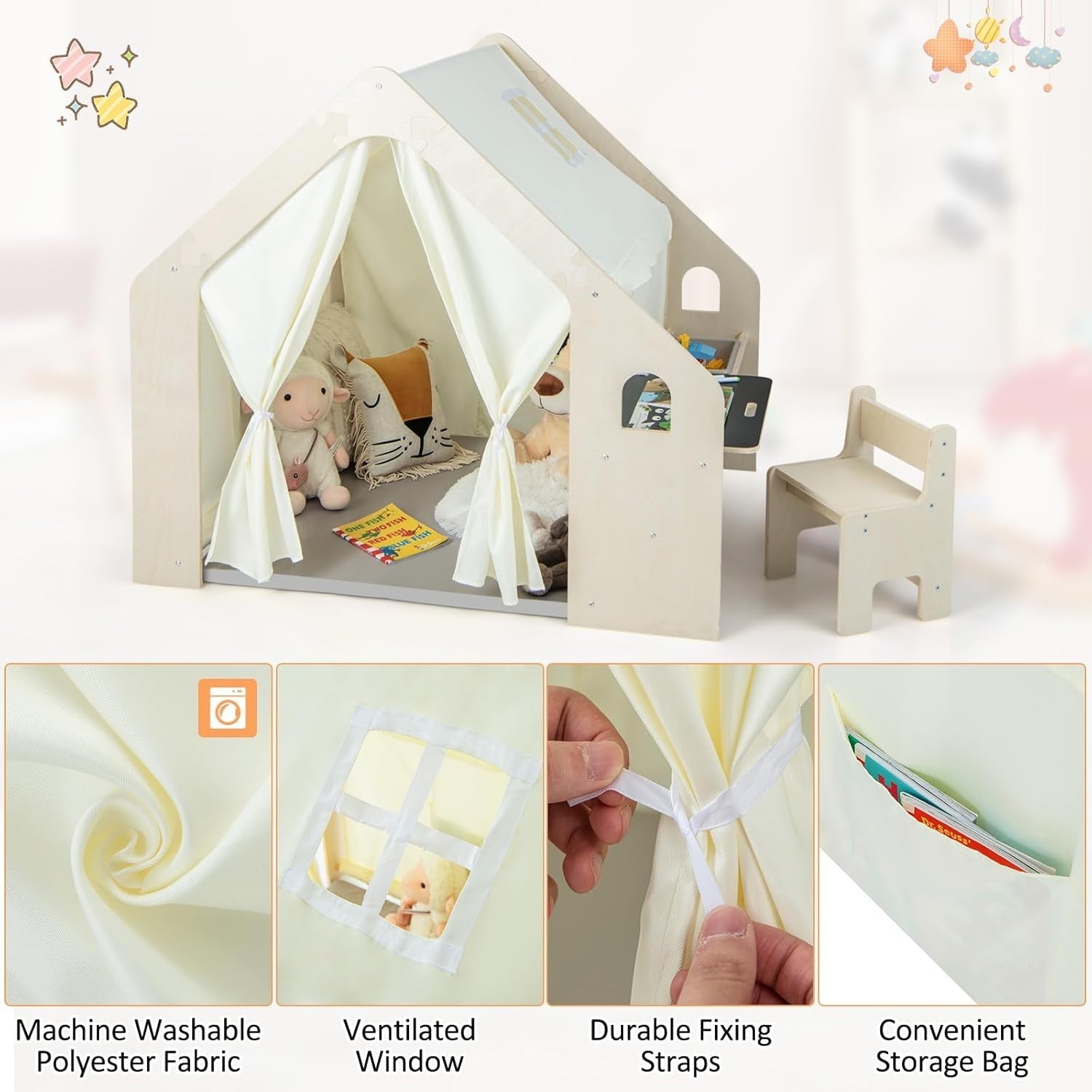 Kids Wooden Play Tent with Table Chair Blackboard Indoor Playhouse Set