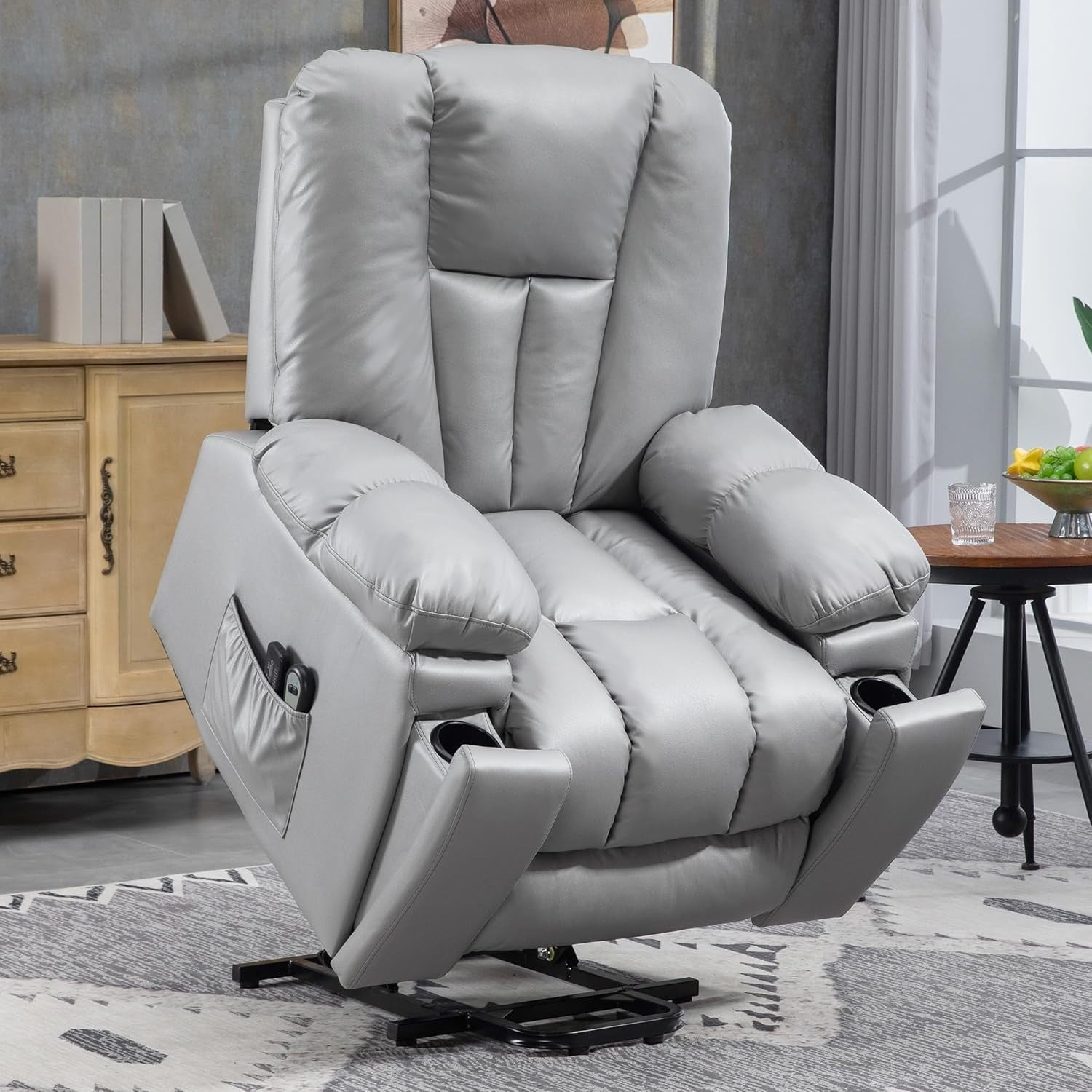 Power Lift Recliner Chair Massage 135° Recline Cup Holder Pocket Spring Grey