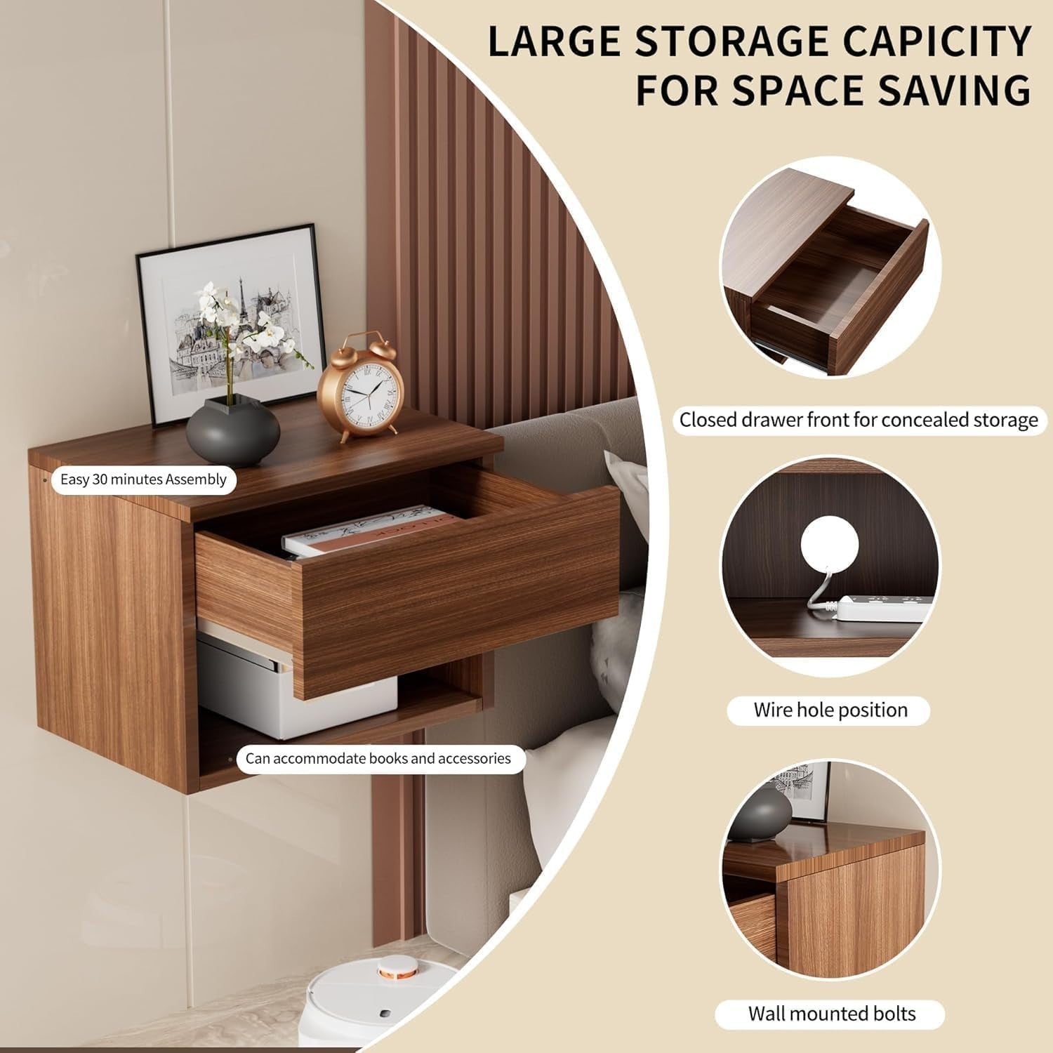 Modern Floating Walnut Bedside Tables Set of 2 – Wall Mounted Drawers & Shelves