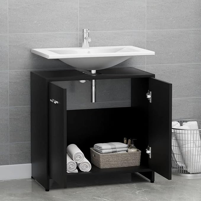 Black Bathroom Sink Cabinet 60x33x61cm Modern Vanity Storage Unit Cupboard