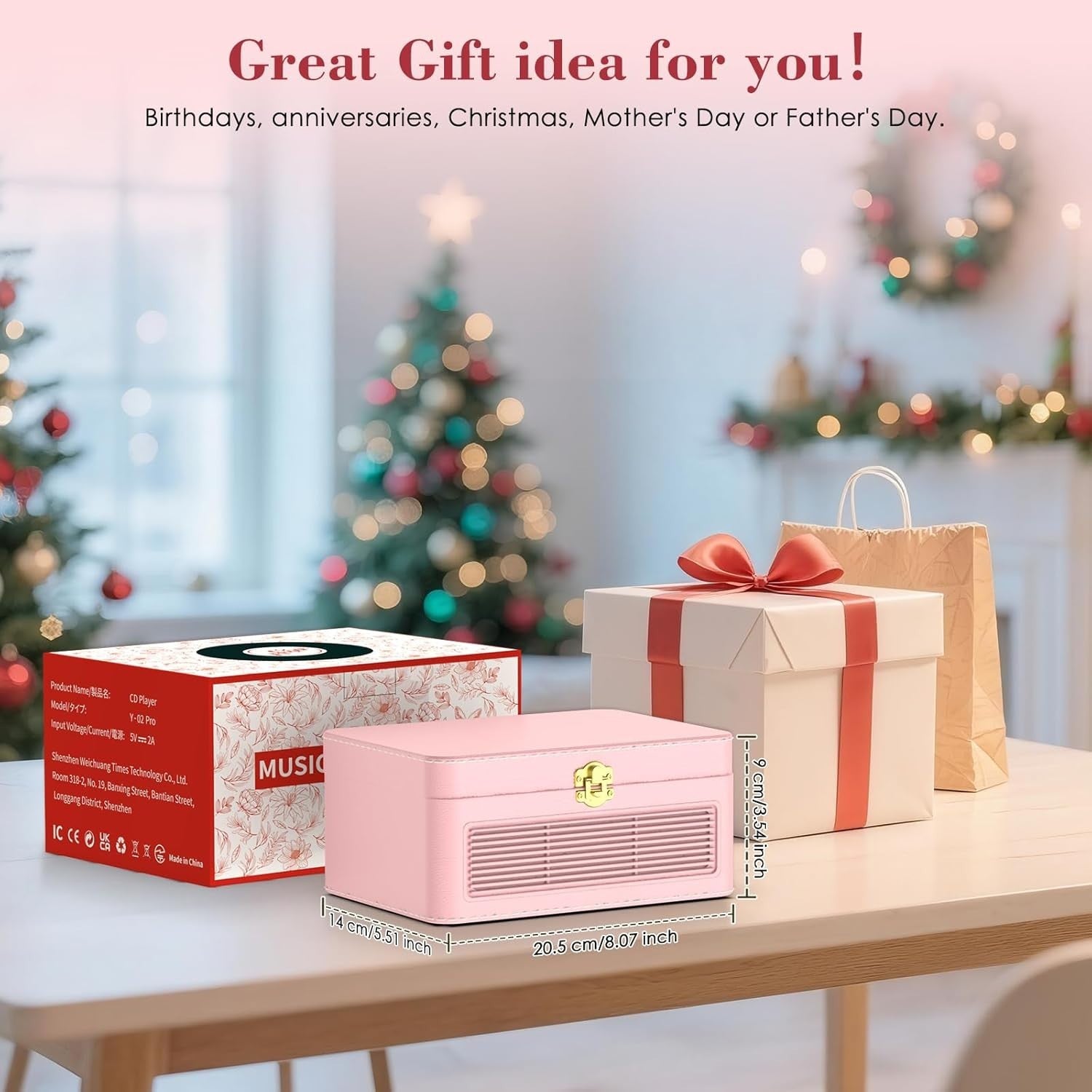 Retro Bluetooth CD Player FM Radio USB AUX HiFi Speakers Pink PU