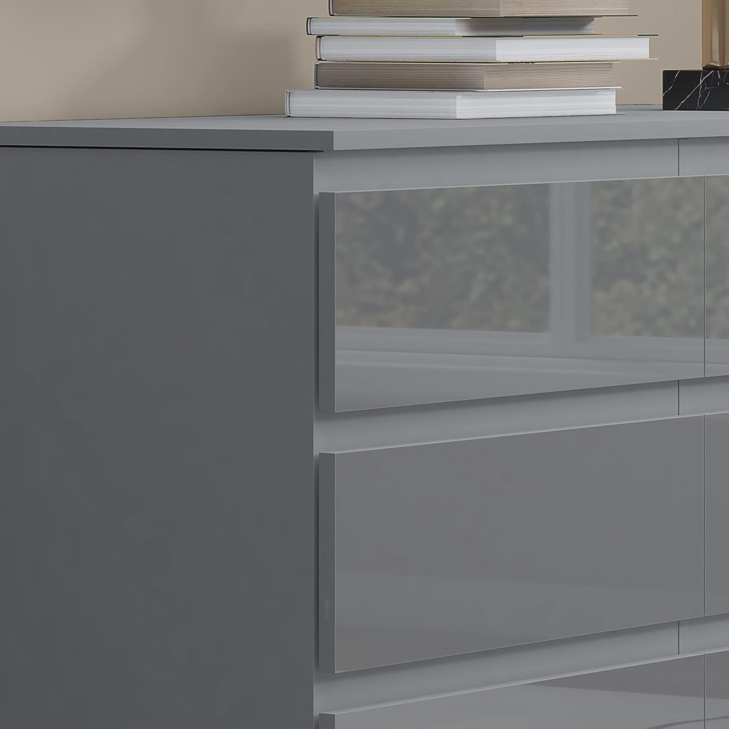 Grey Gloss 6 Drawer Chest Bedroom Dresser Storage Unit Wide Modern Design