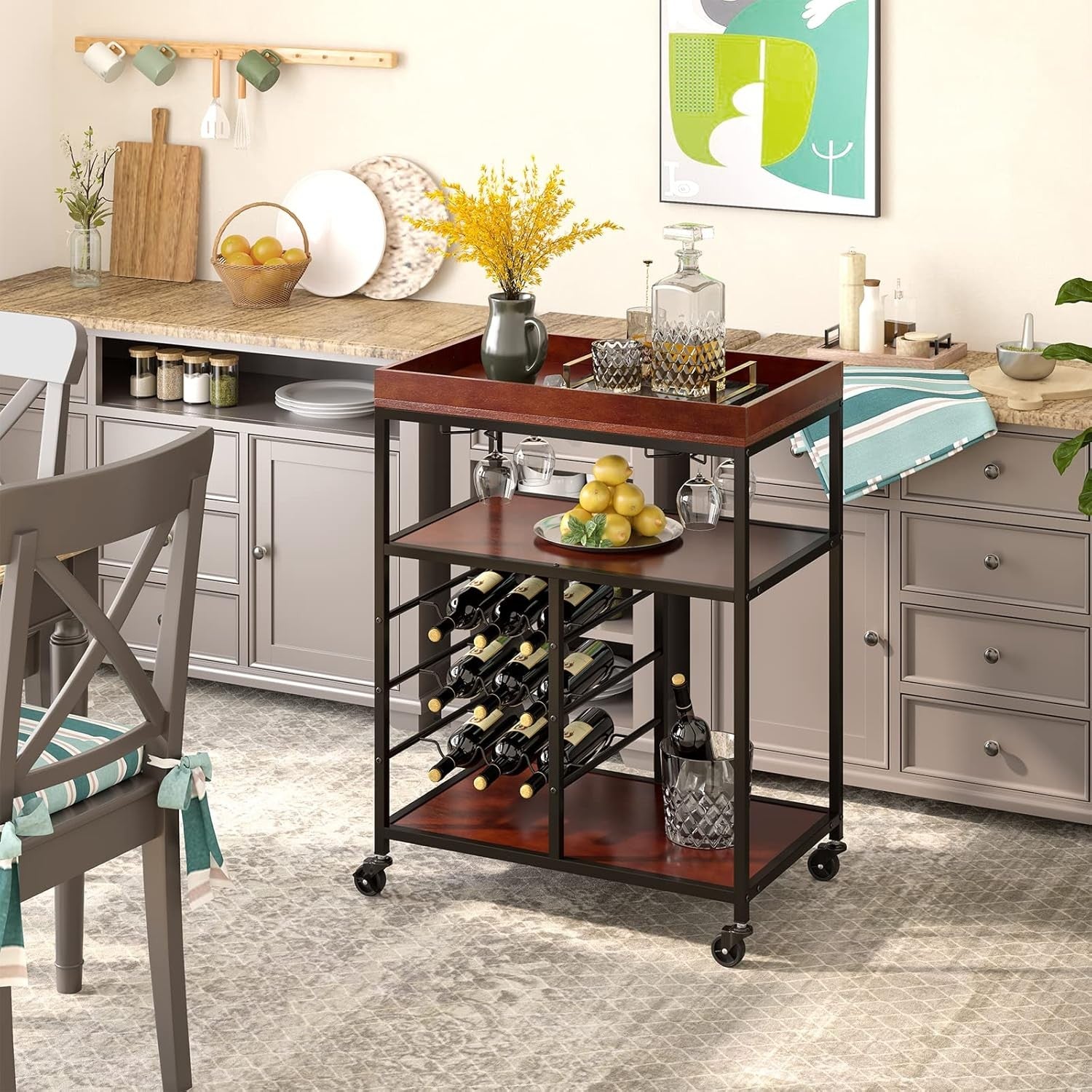 3 Tier Kitchen Serving Trolley Bar Cart with Wine Rack Glass Holders Wheels