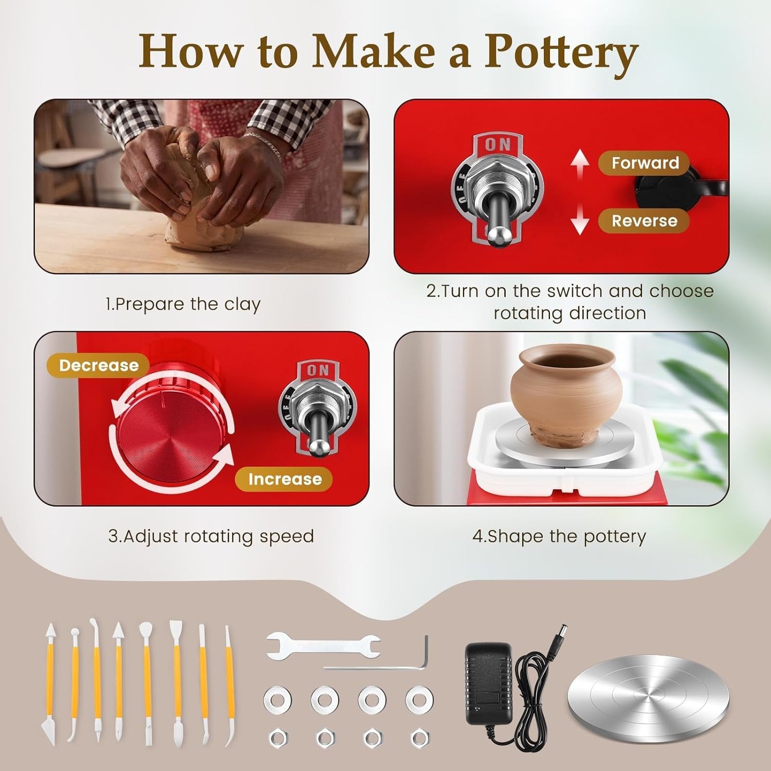 Mini Pottery Wheel Adjustable Speed Electric Ceramic Craft Kit for Beginners