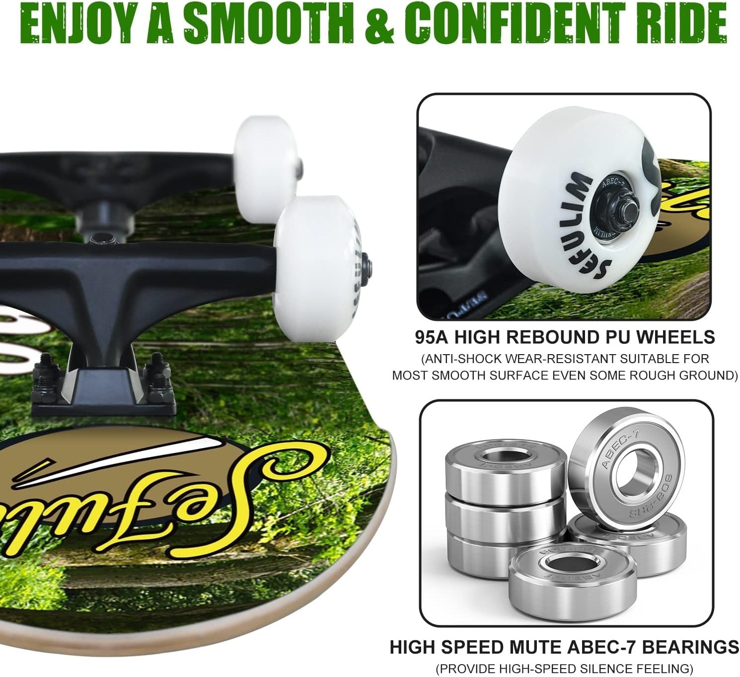 31" Complete Skateboard Maple Double Kick Trick Board Teens Adults Beginner
