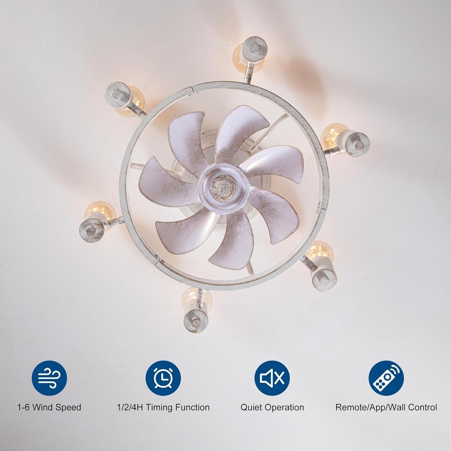 52CM Ceiling Fan Light, 6 Lights, Remote, Flush Mount Industrial Design, White