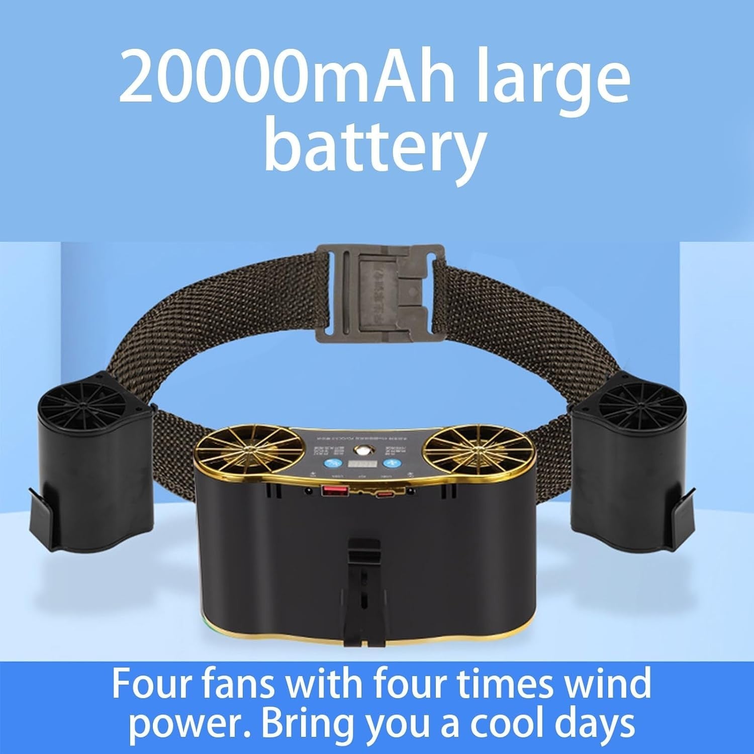Black Waist Fan 20000mAh – USB Rechargeable Air Circulator w LED Light, 6 Speeds