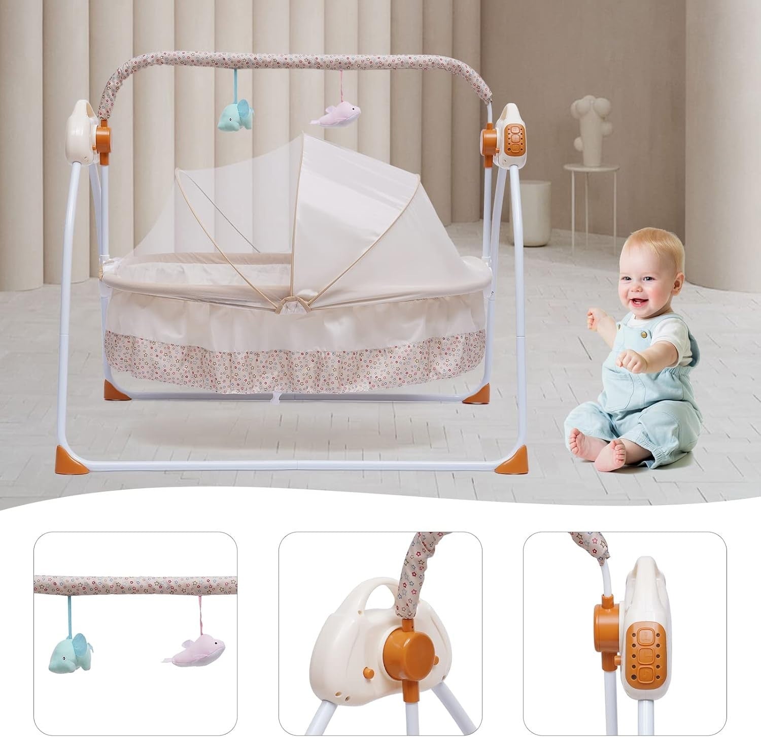 Electric Baby Cradle Rocking Swing Bassinet with Music Timer Mosquito Net Khaki