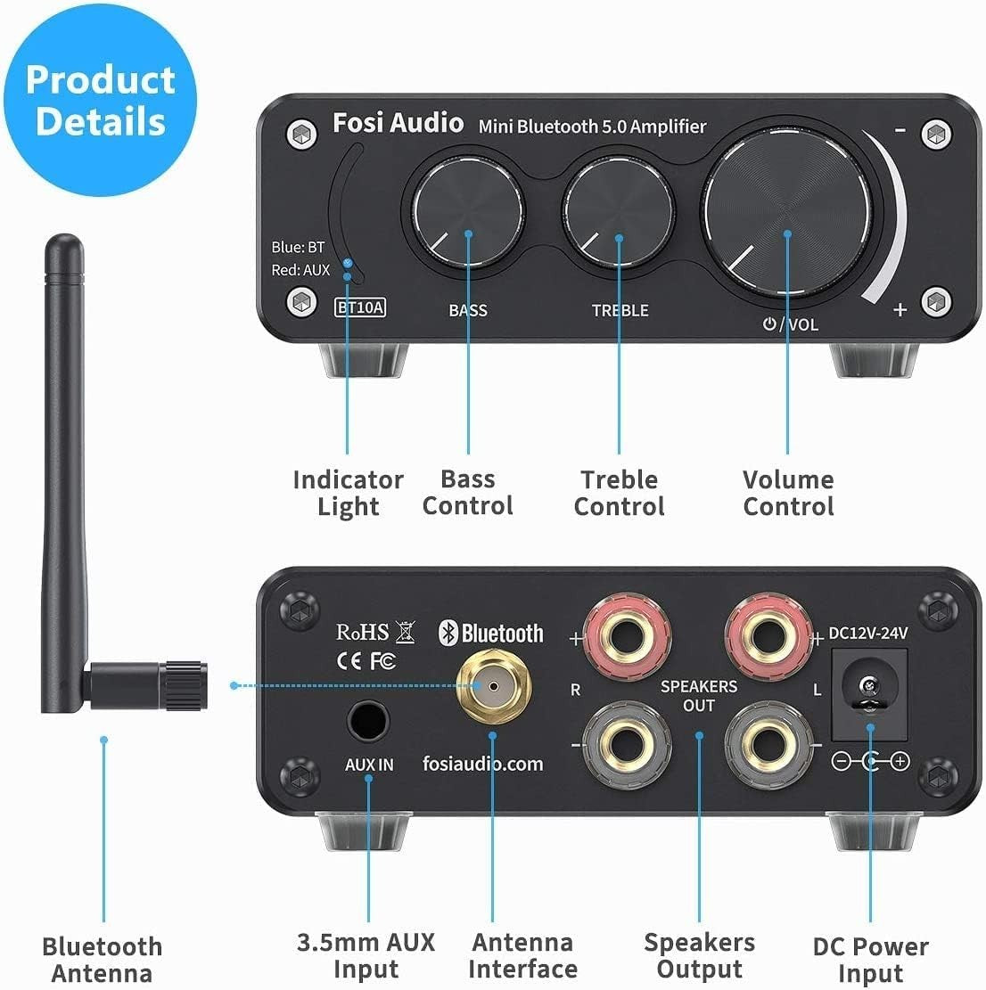Bluetooth 5.0 Stereo Amplifier 50W x2 Mini HiFi Class D