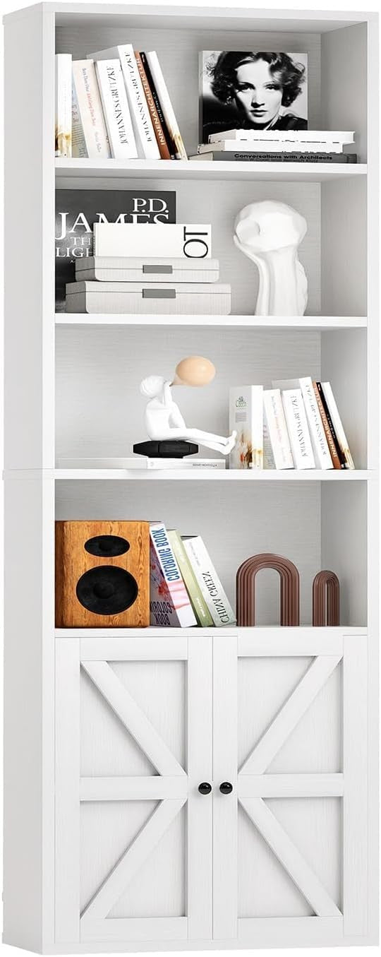 Tall White 6-Tier Bookcase with Cabinet Doors Modern Storage Display Unit 181cm