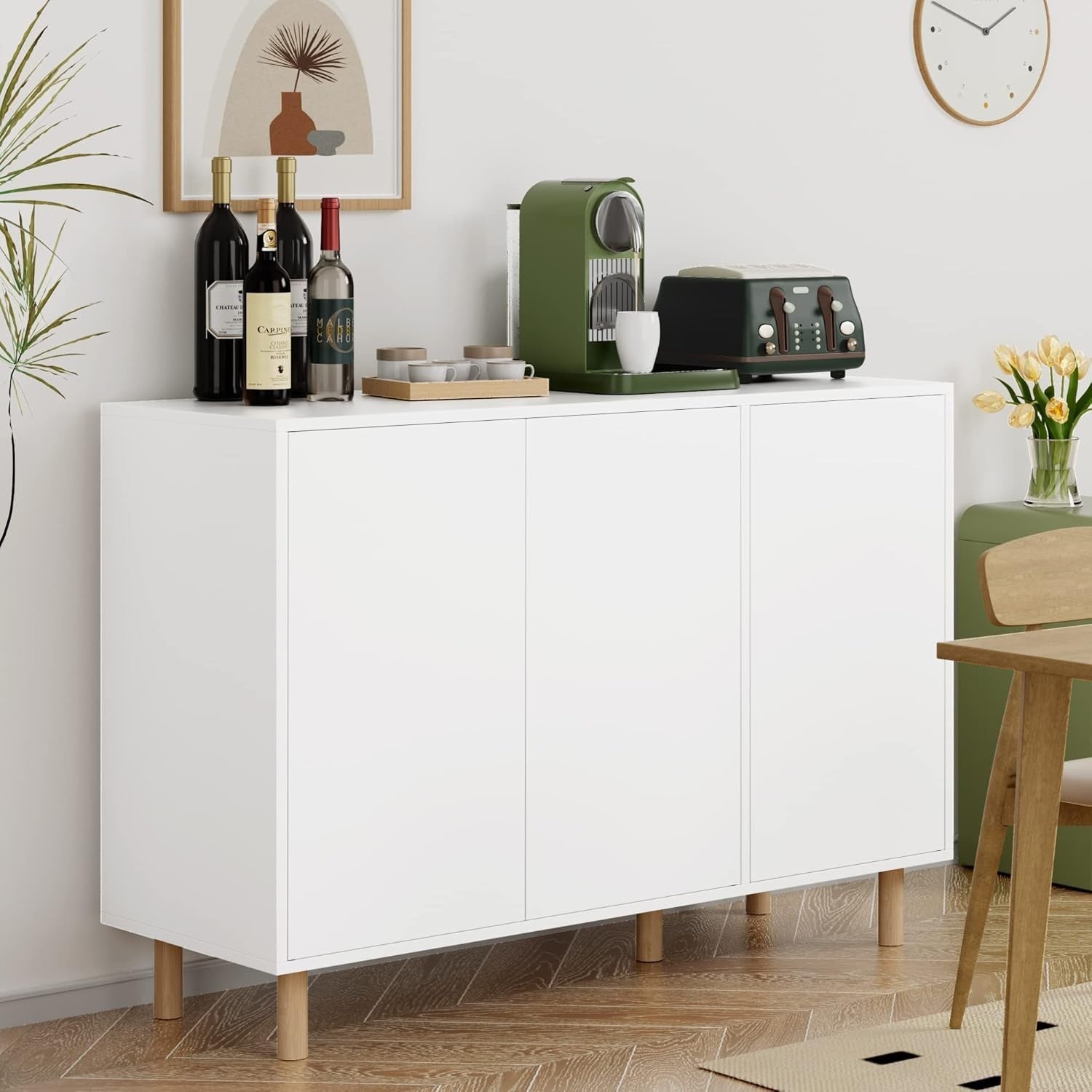 White Sideboard Cabinet 3 Door Storage Unit Adjustable Shelves 107cm Wide