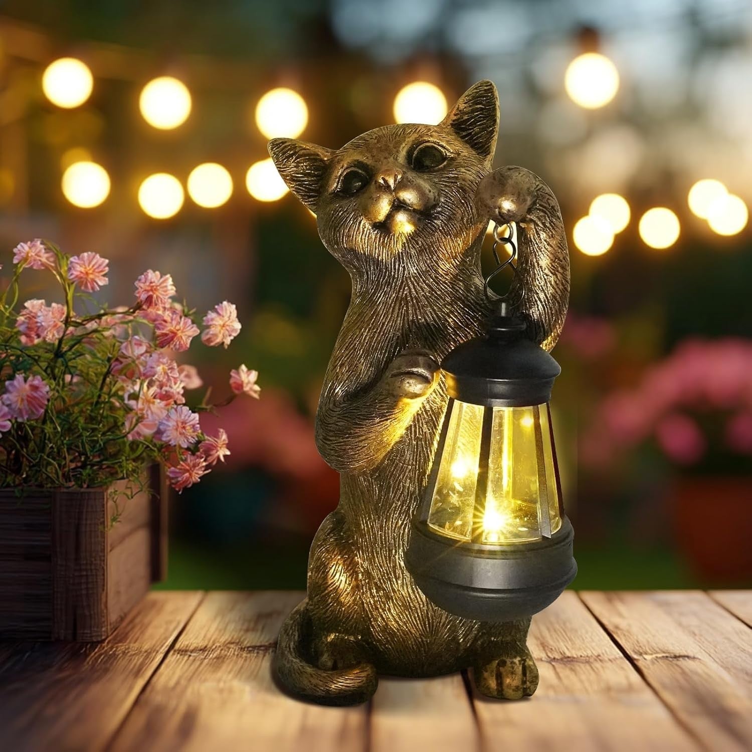 Solar Cat Garden Statue with Lantern Outdoor Resin Ornament LED Yard Decor