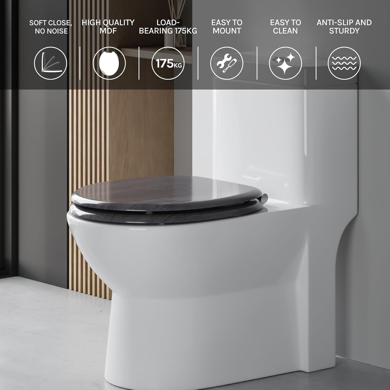 Wooden Toilet Seat Soft Close Grey Maple MDF Heavy Duty Standard WC 43.8x37.8cm