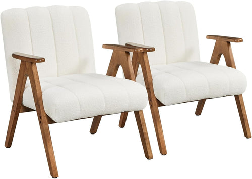 Set of 2 Boucle Accent Armchair Mid Century Lounge Chair Solid Wood Legs White