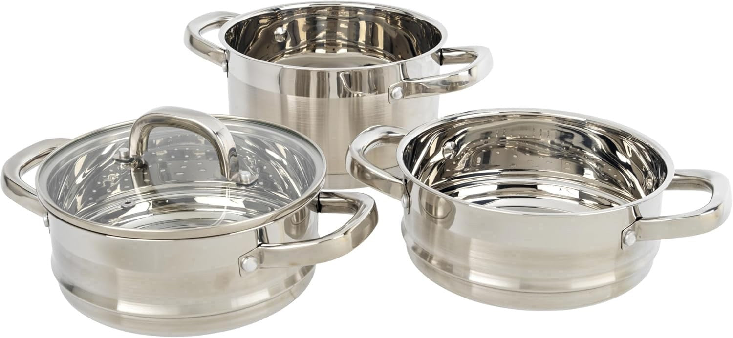 3 Tier Stainless Steel Induction Steamer Pot – 18 cm Stackable Cooking Pans