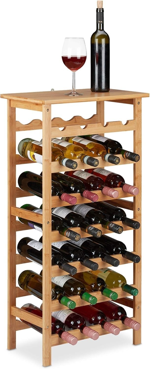 28 Bottle Bamboo Wine Rack Freestanding 5 Tier Storage Stand with Top Shelf