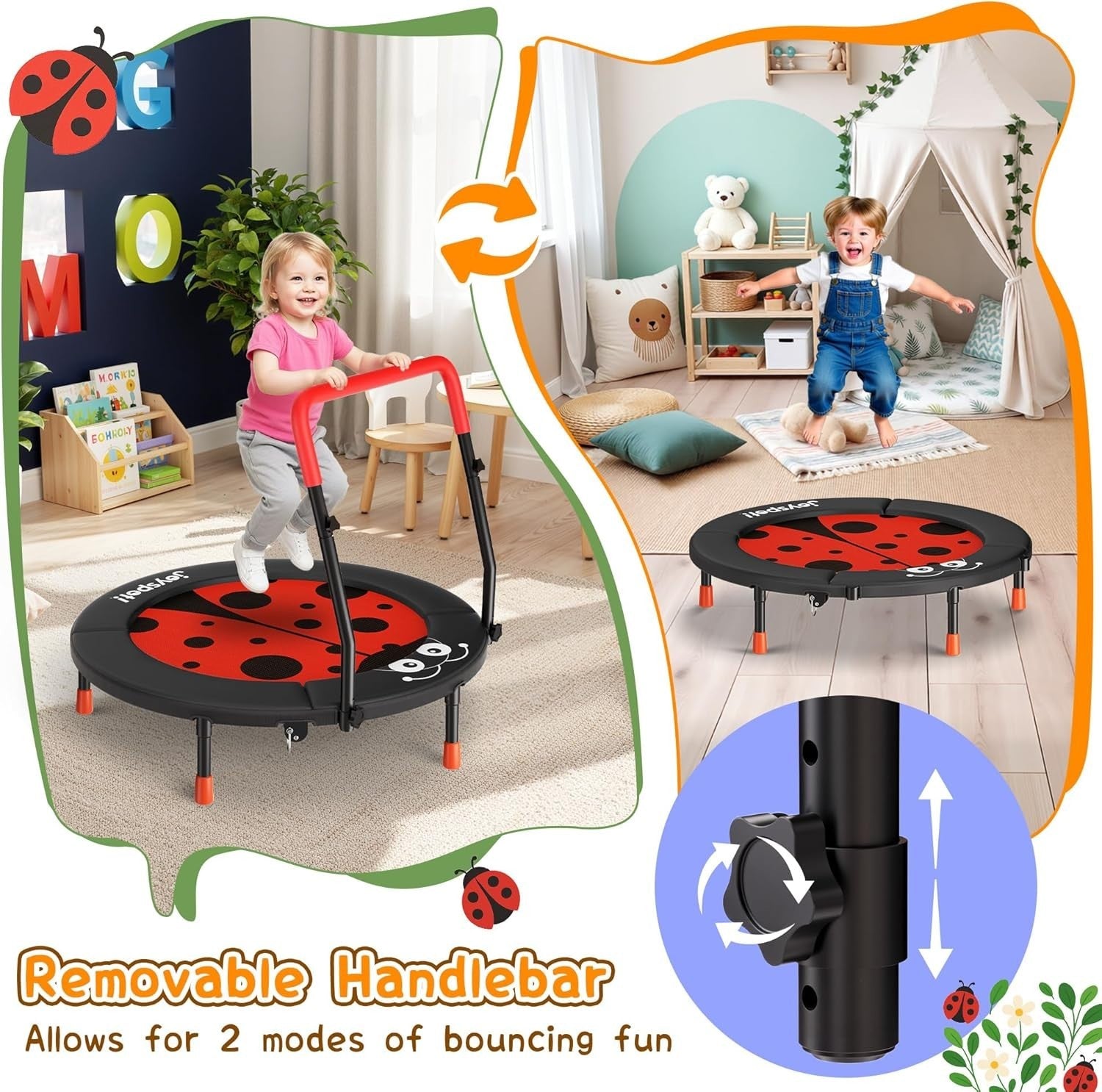 3ft Kids Trampoline Ladybug Foldable Toddler Jumper Handle 100LB