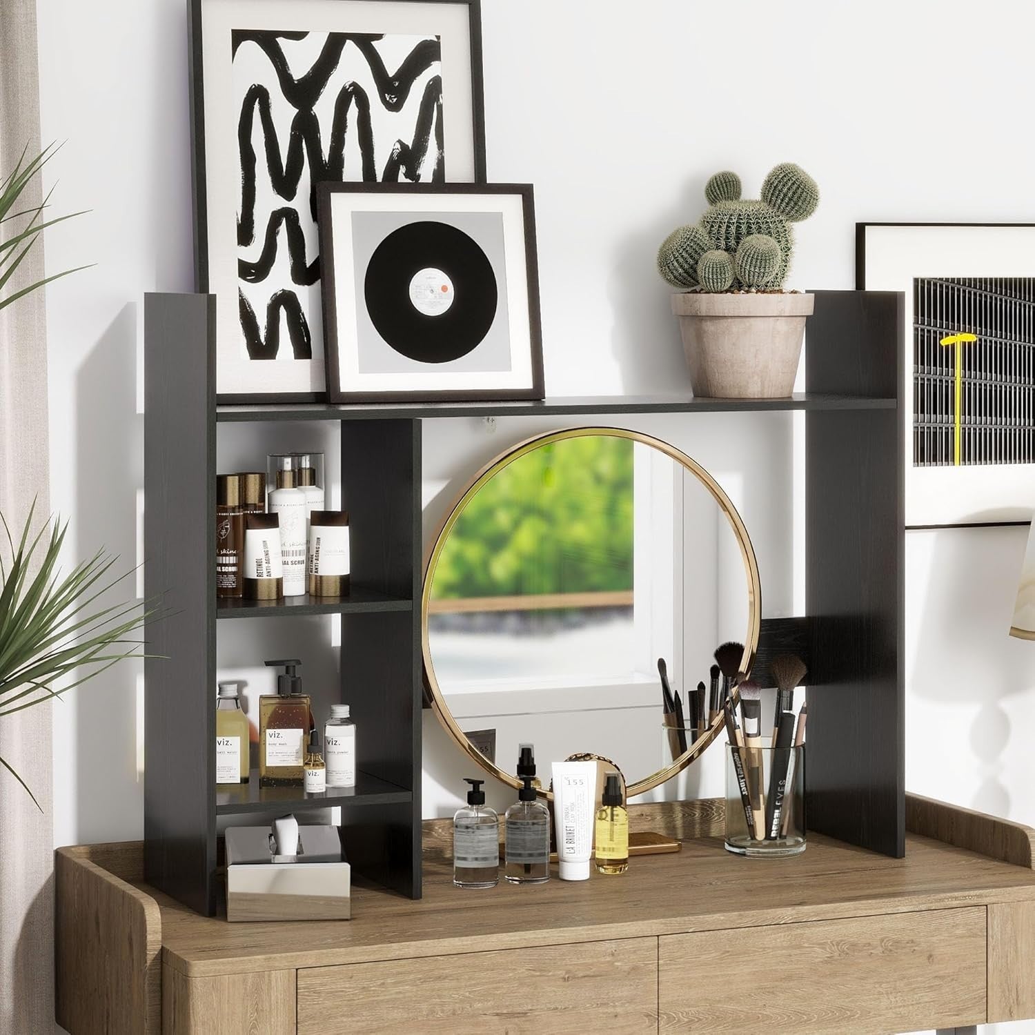 37.4" Desk Hutch Shelf Black | 3-Tier Desktop Bookshelf Organizer for Monitor