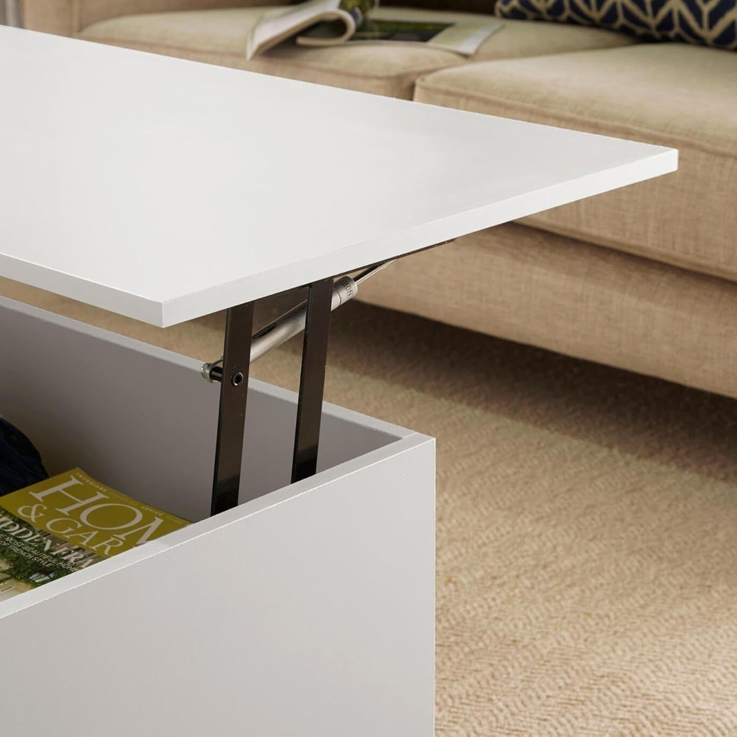White Lift-Top Coffee Table with Locking Storage Drawers 115x50x40cm