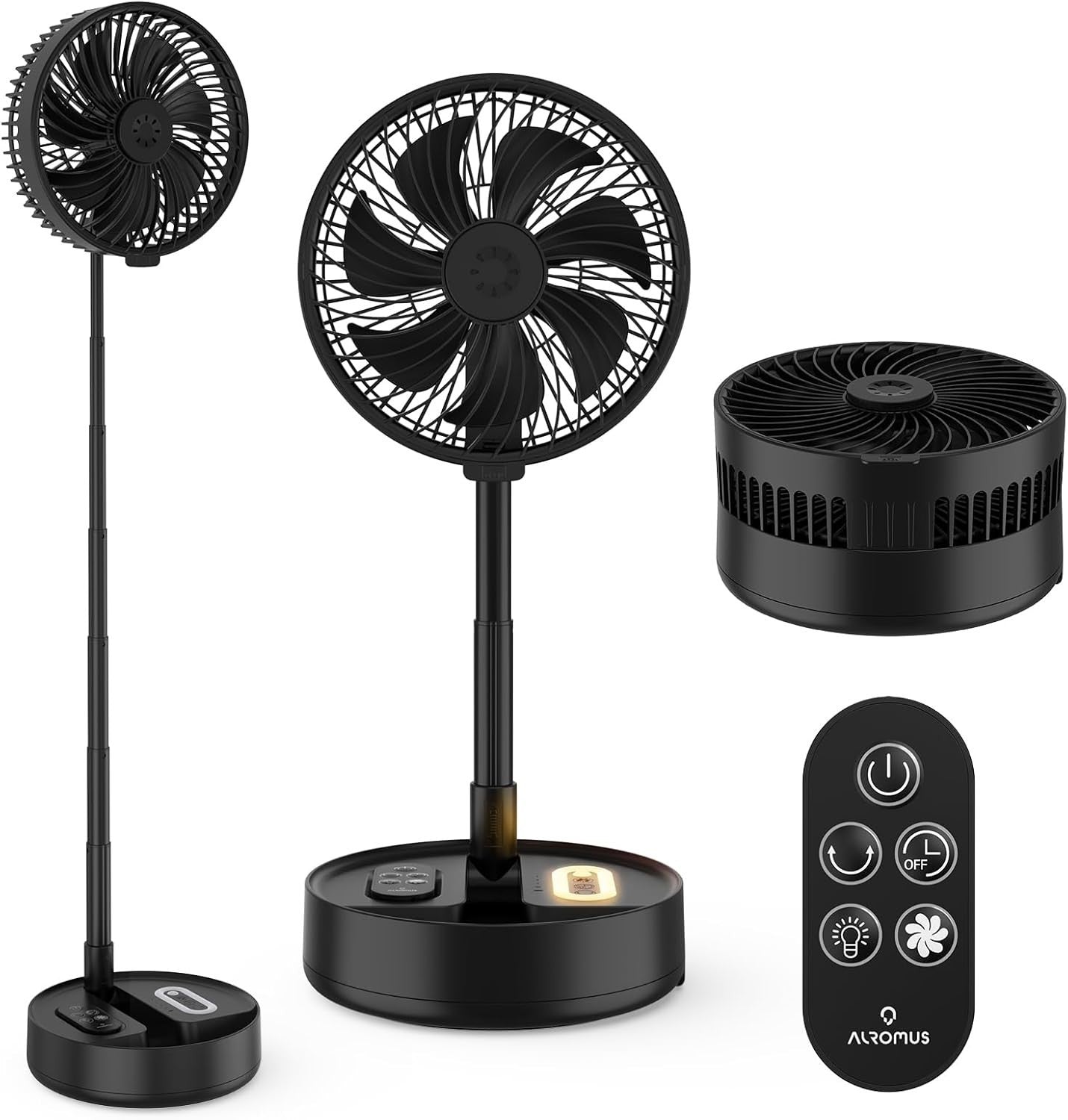 Foldable Fan – 4 Speed Telescopic Rechargeable w Remote LED Light Quiet Fan 30dB