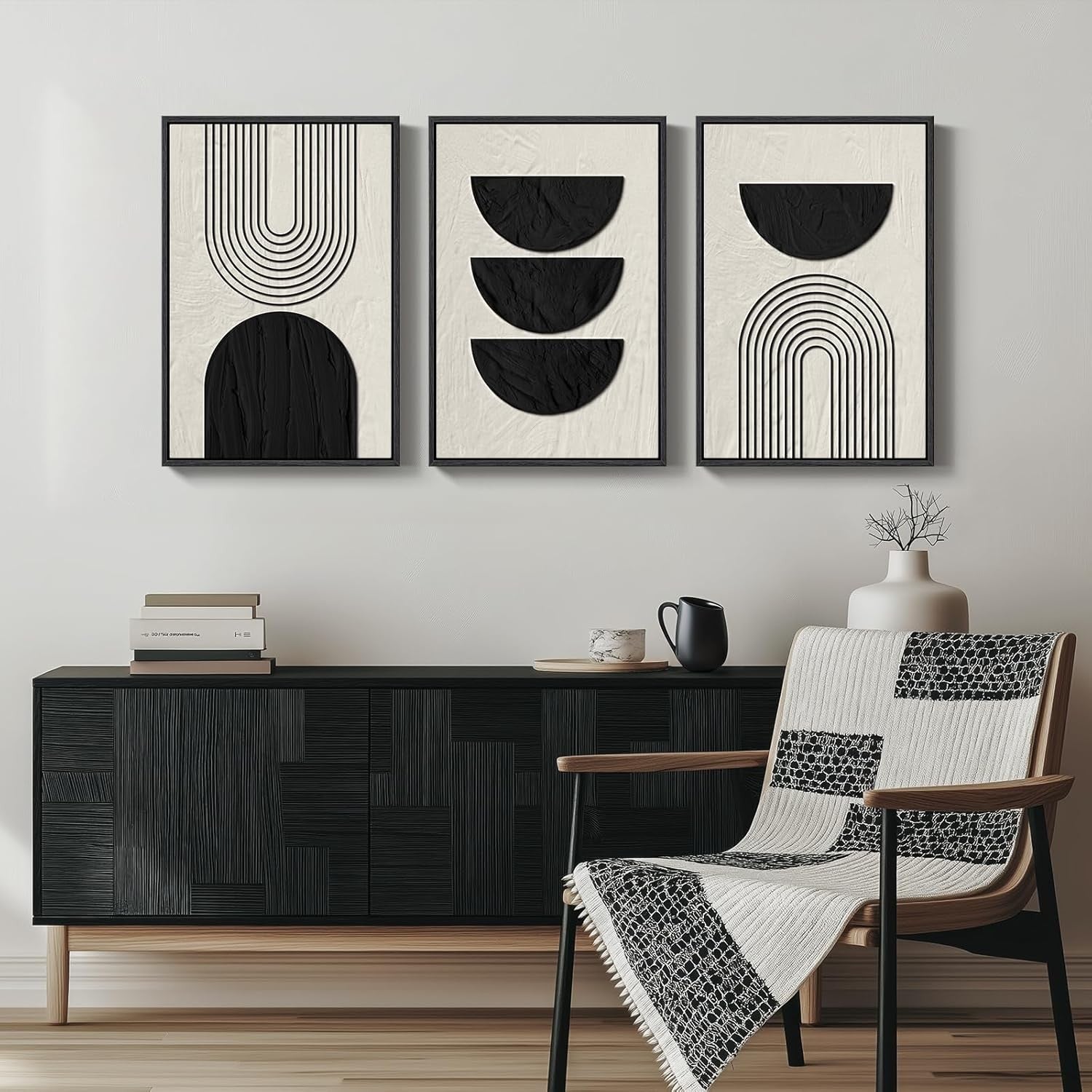 Boho Black White Abstract Canvas Wall Art 3 Panels 16x24" Decor