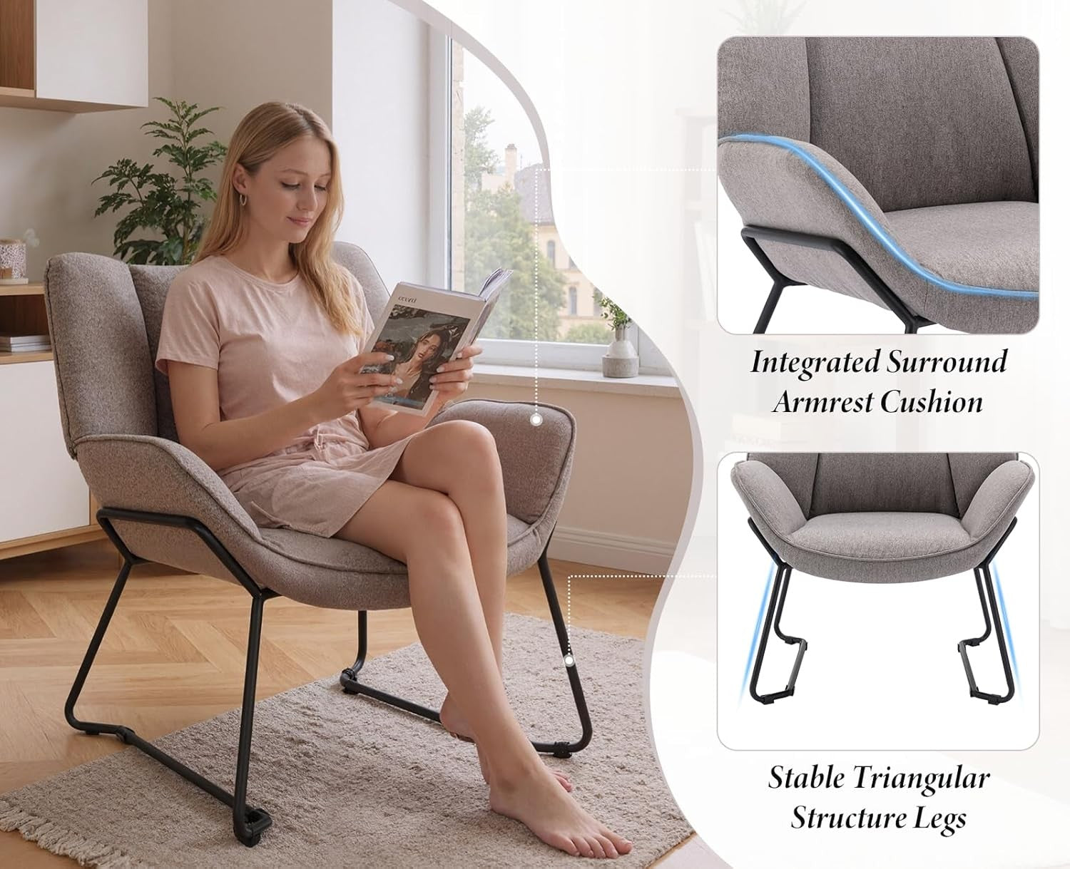Grey Linen Accent Tub Chair Metal Legs Modern Armchair