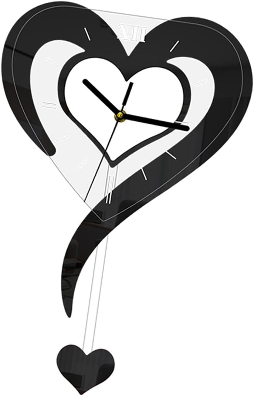 Black Heart Wall Clock Modern Silent Acrylic Hanging Decor for Bedroom Office